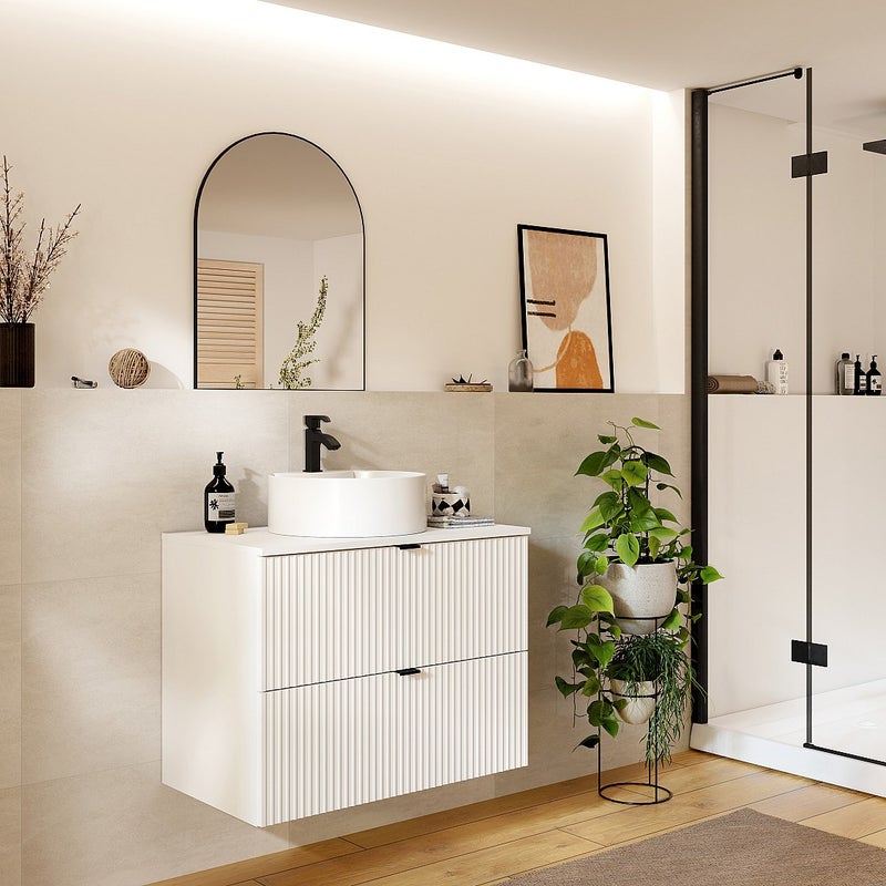 Szafka łazienkowa wisząca ryflowana z okrągłą umywalką nablatową - Biały mat - 80 cm - ZEVINI