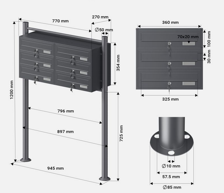 Bloc De 6 Boite Aux Lettres Anthracite 2 Clés 2x3 Compartiments - 4