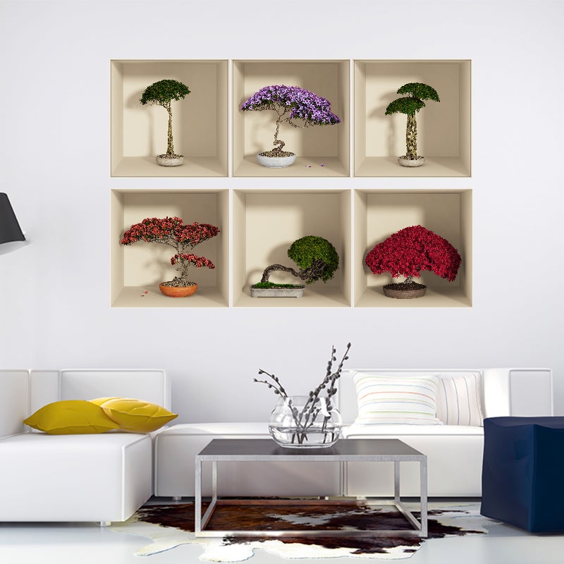 Packs de 6 vinilos 3d bonsáis multi colores - adhesivo de pared - revestimiento sticker mural decorativo - 60x90cm