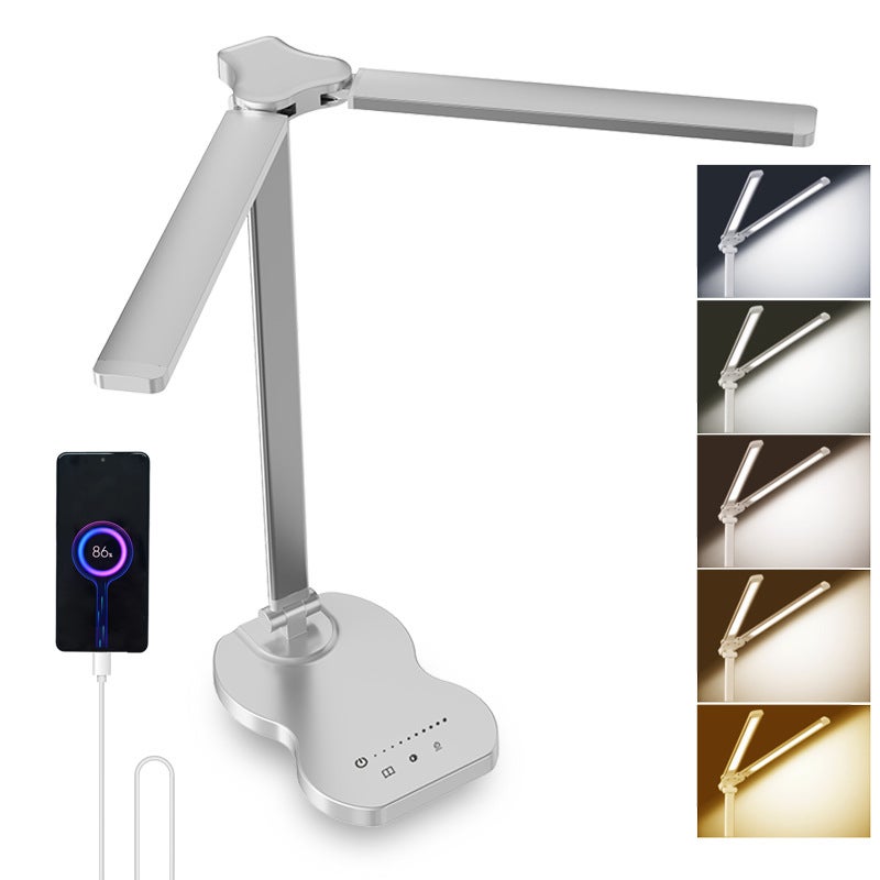 Lampka biurkowa LED, dwuramienna lampka biurkowa z 5 kolorami i 10 poziomami jasności, lampka do czytania z wyłącznikiem czasowym, lampka stołowa