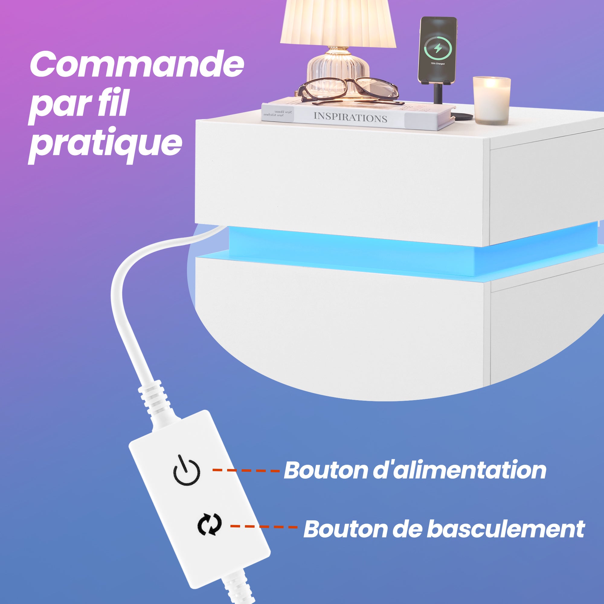 Table de Chevet avec Éclairage LED, Lot de 2, avec 3 Tiroirs, pour Chambre, Moderne, 35,1 x 40,1 x 55,1 cm, Blanc - 6