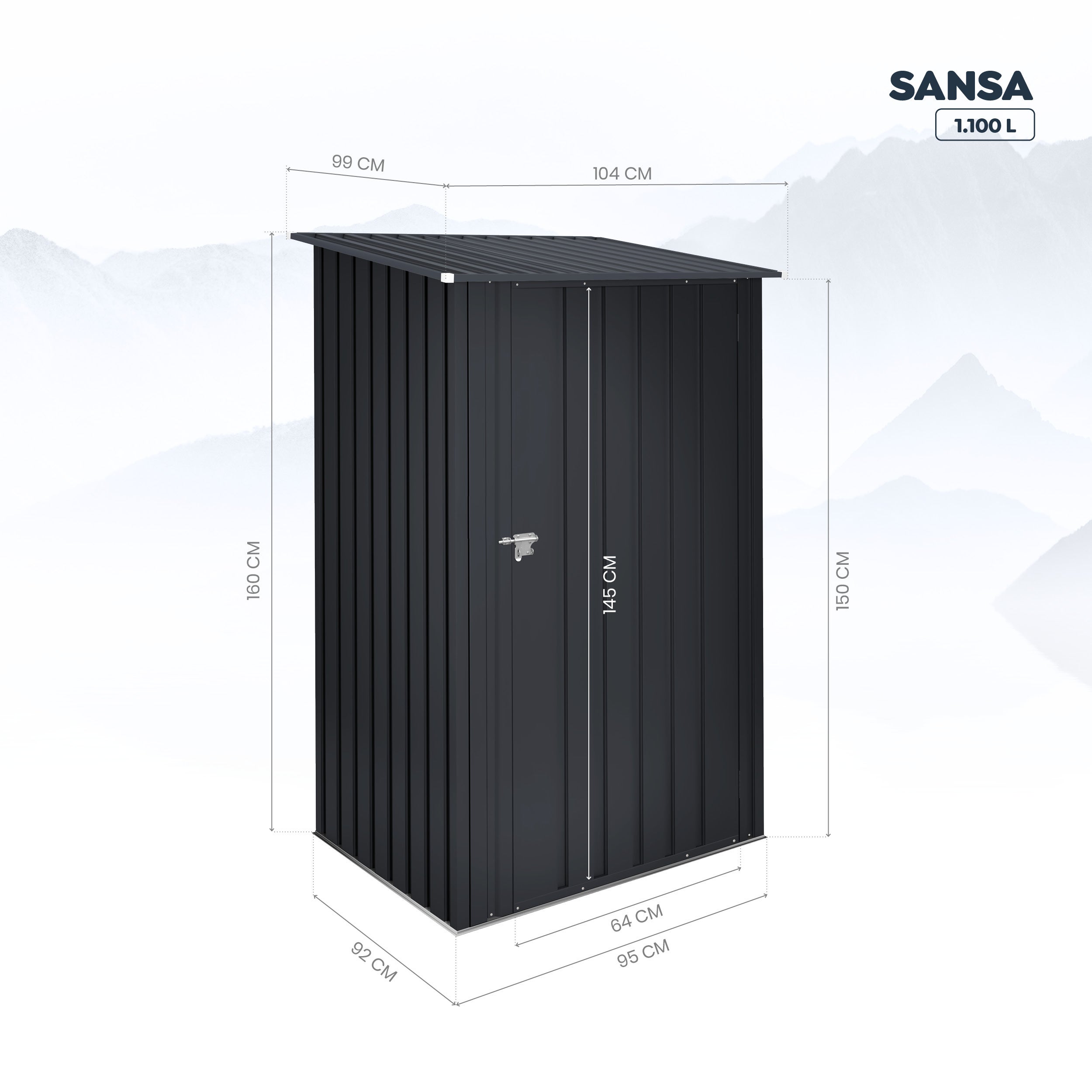 Abri de Jardin en Métal 1100 L Sansa - 104x99x160cm - Garantie 10 ans - Verrouillage avec loquet - 3