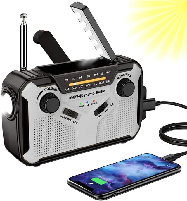 (Grigio) Radio solare, radio portatile AM/FM a manovella, radio dinamo di emergenza con batteria ricaricabile da 4000 mAh, torcia a LED, allarme SOS p