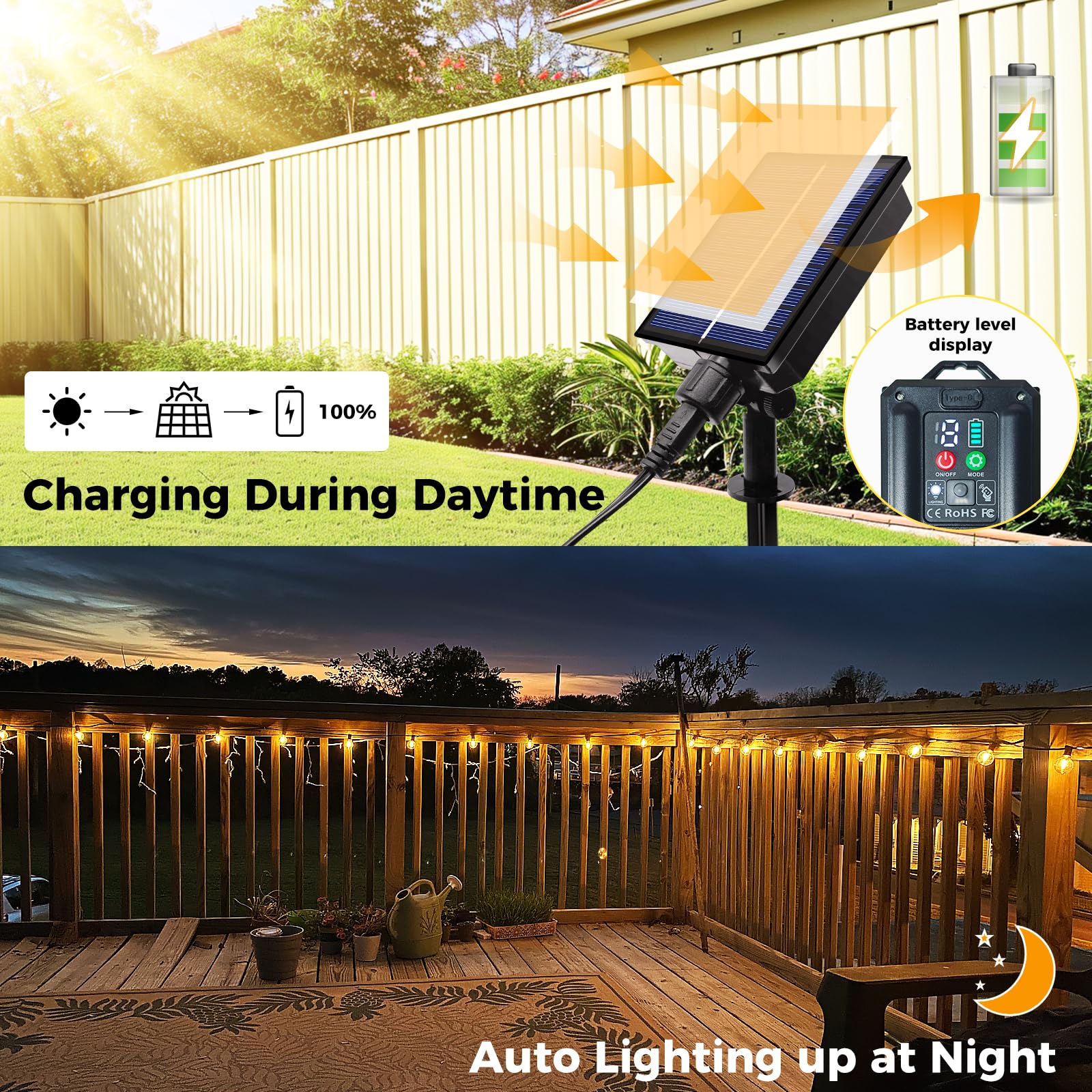 20PCS Guirlande lumineuse solaire d'extérieur 18 m, 30 ampoules + 1 G40, 8 modes, étanche IP44, pour jardin,balcon,pavillon,Noël(lumière chaude) - 2