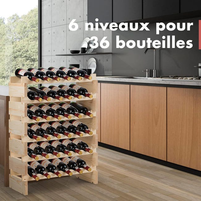 Botellero De Pino Para 36 Botellas De Vino - Estantería Apilable De 6 Niveles, 63x28x85 Cm, Natural