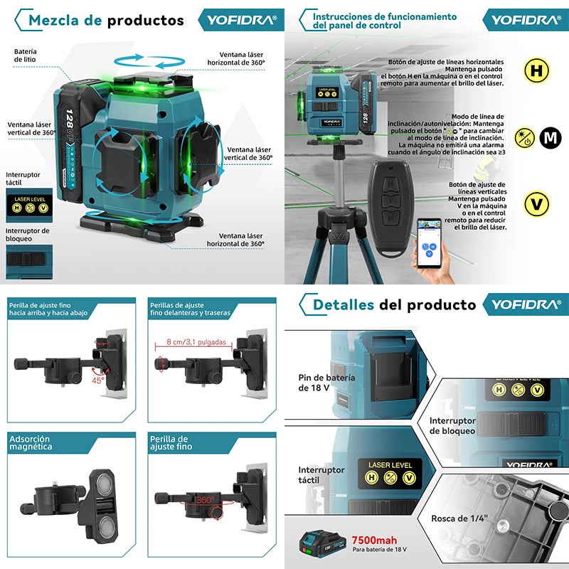OBOSOE Livella laser 4D, 16 linee, autolivellante a 360°, misurazione verticale e orizzontale, treppiede da 1 metro incluso, batterie non incluse - 7