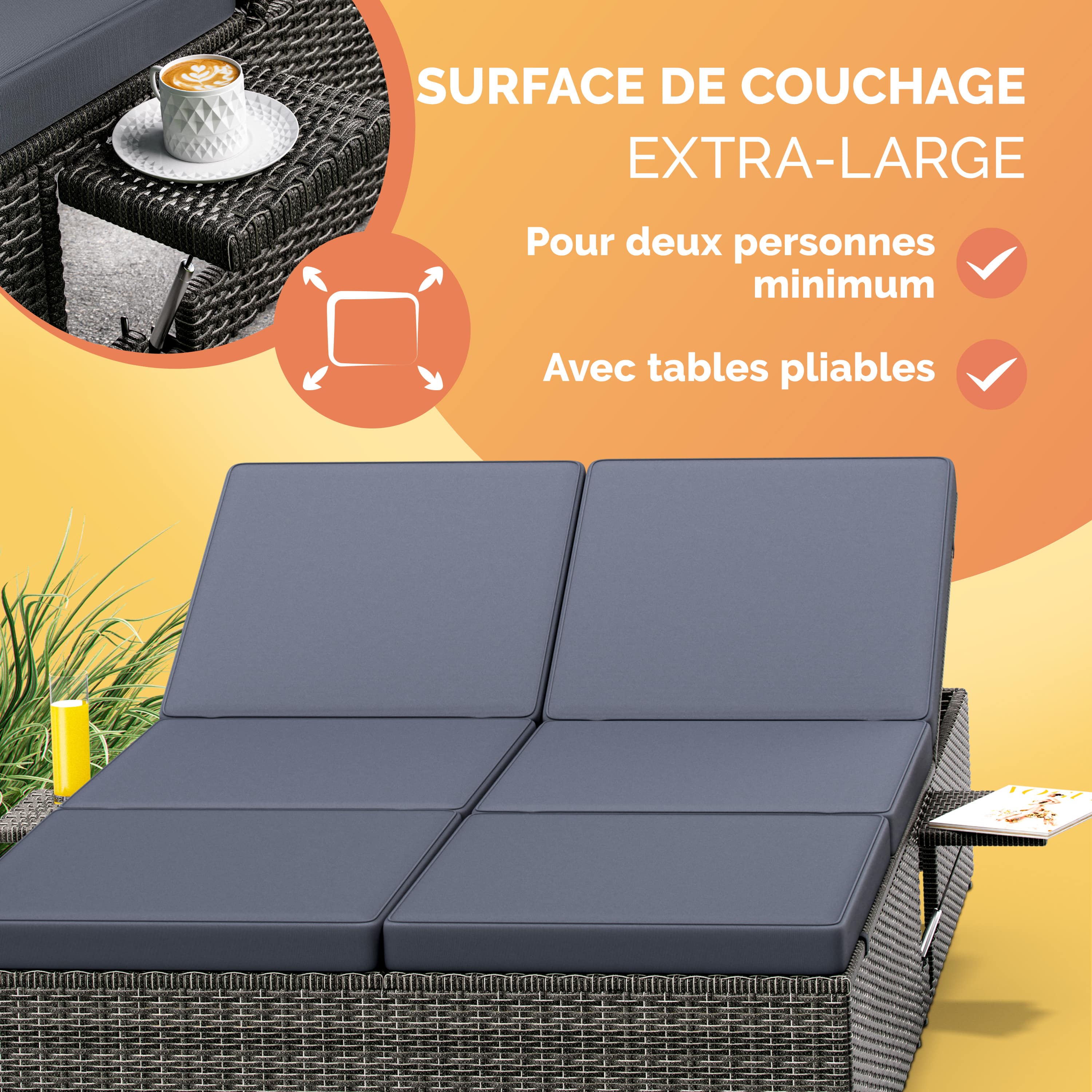 CASARIA® Chaise longue double gris/anthracite extrémités réglables bain de soleil 2 places polyrotin chaise d’extérieur - 5