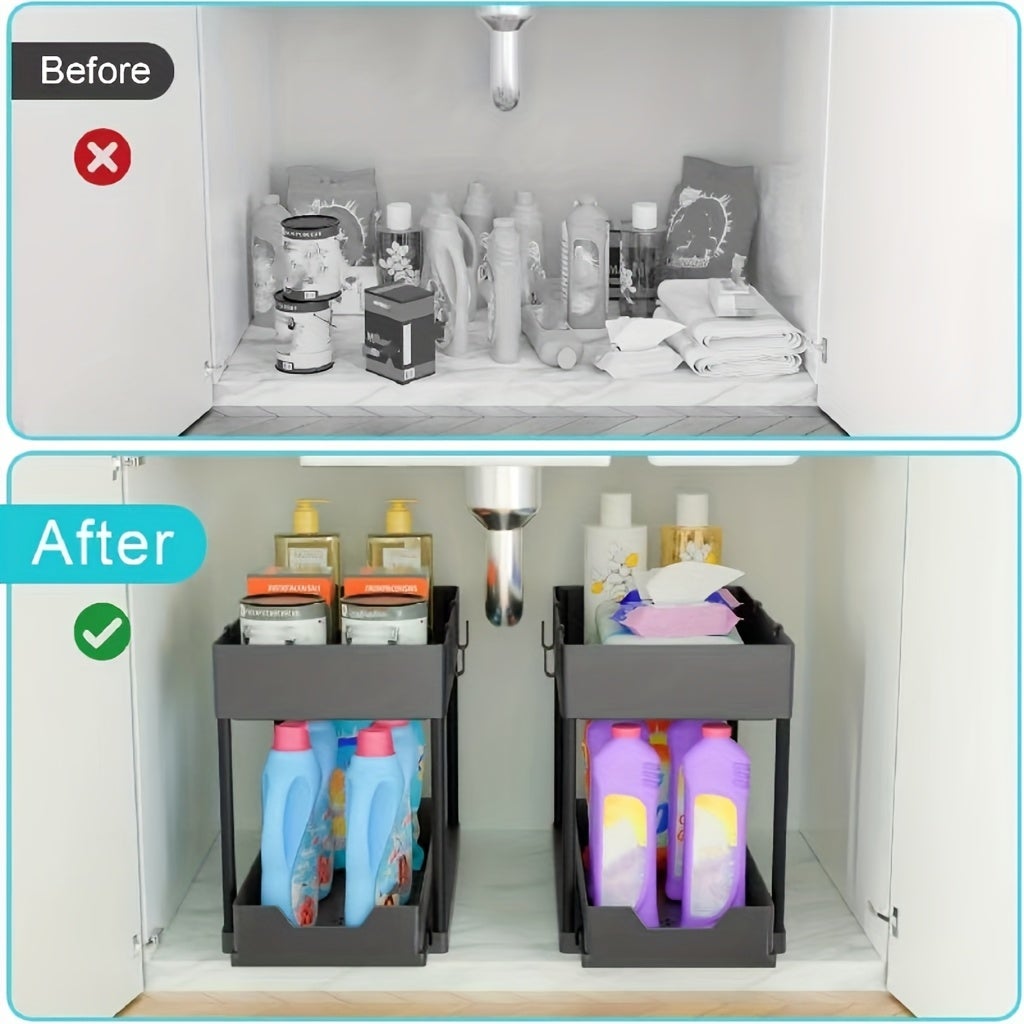 2-pak 2-warstwowych organizerów wsuwanych pod zlew, plastikowy kosz do przechowywania, na przyprawy kuchenne, organizer do szuflady szafki łazienkowej - 8