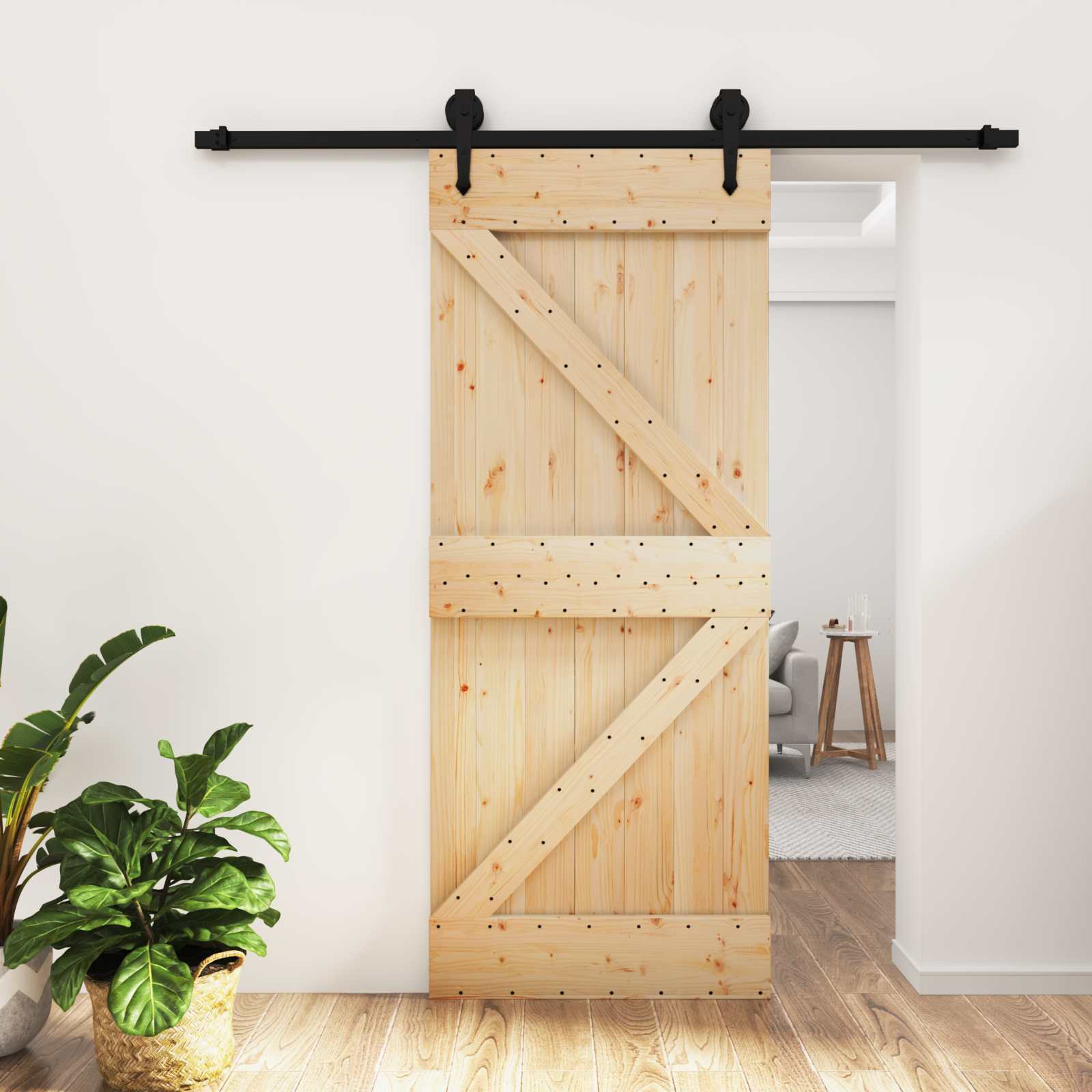 Porte coulissante avec kit de rail - Bois de pin massif - Naturel et ...