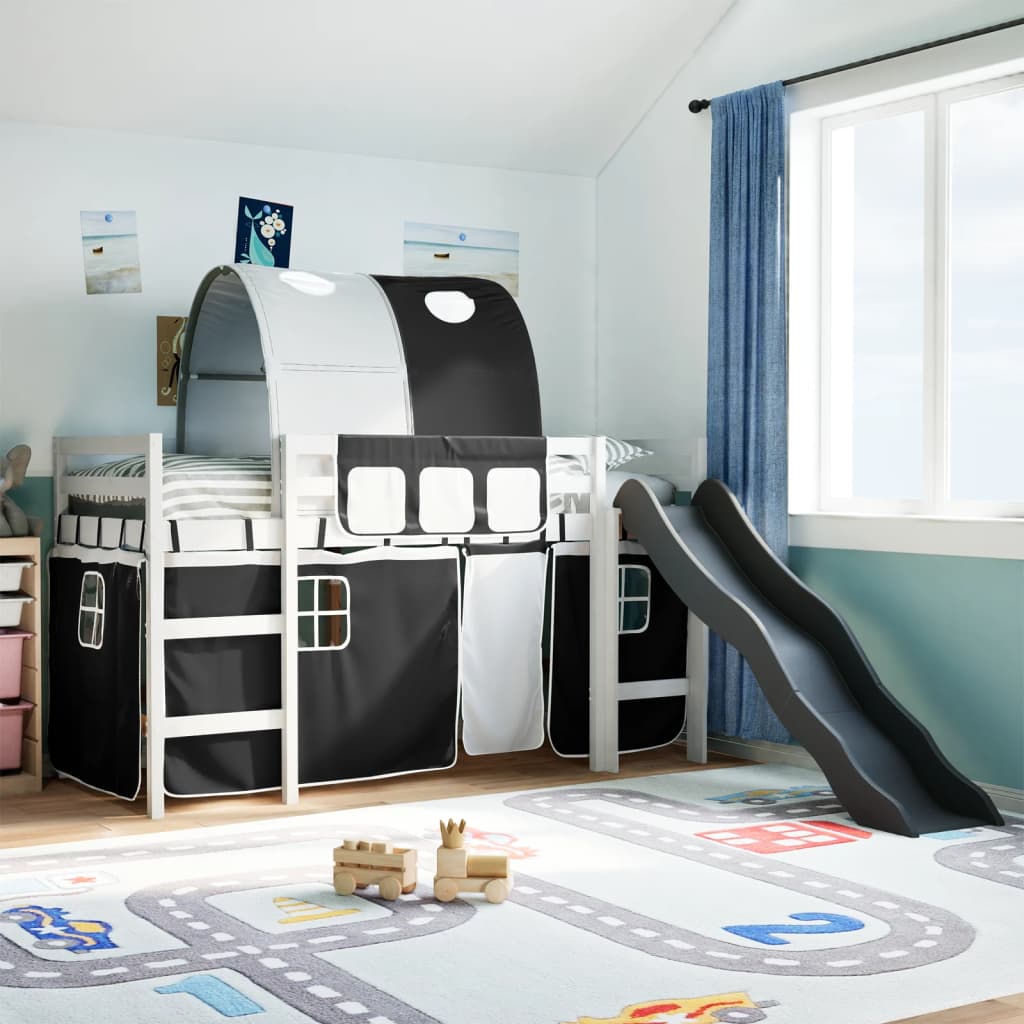 Lit mezzanine enfant avec rideaux, bois de pin, blanc et noir, 90x190