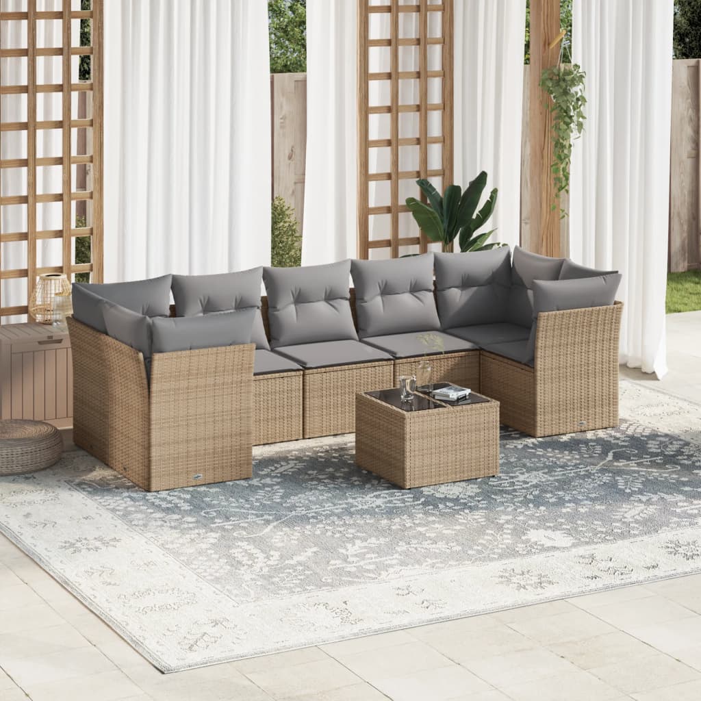 Muebles de jardín con cojines 8 piezas resina tejida beige Leroy Merlin