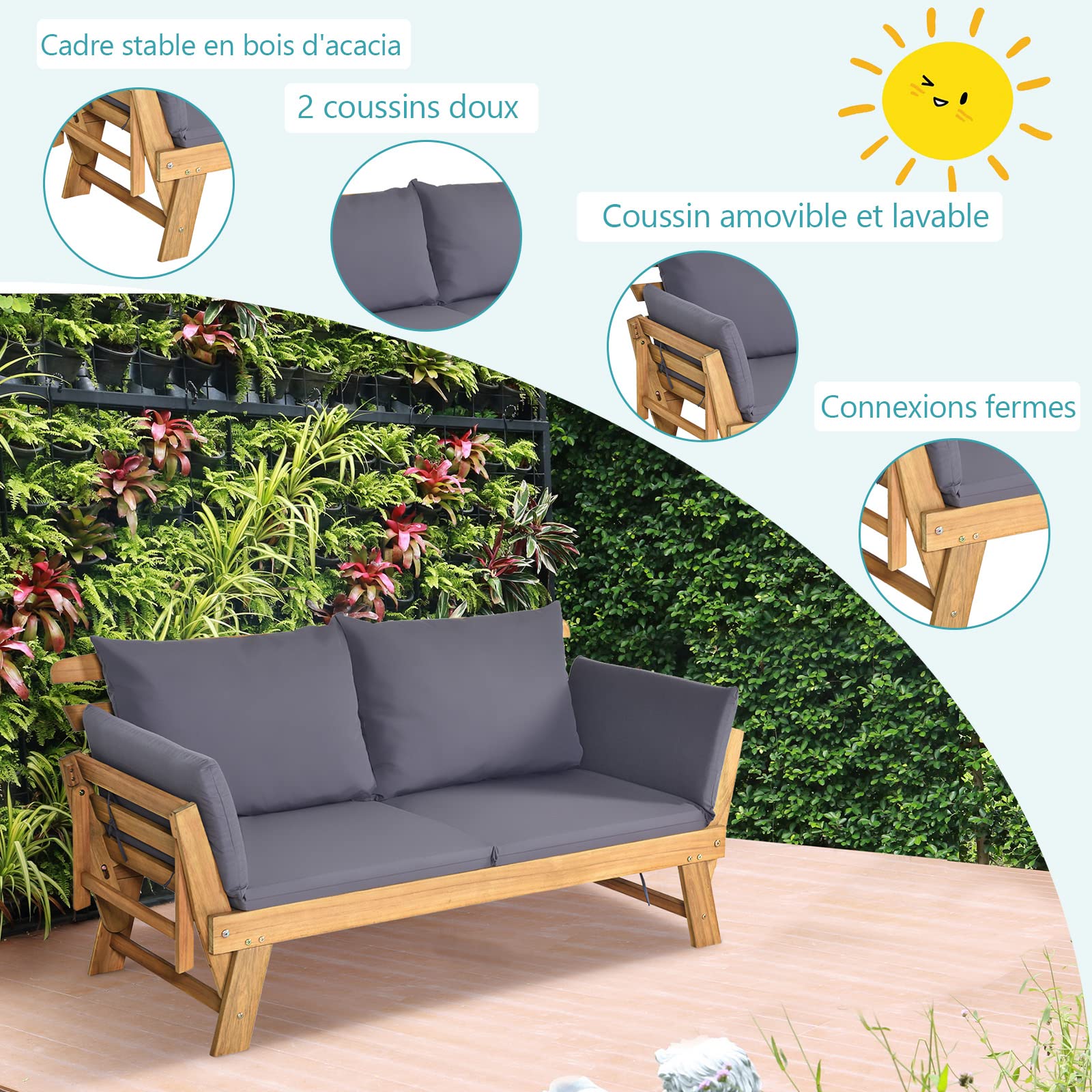 Canapé de Jardin Convertible 2 Places en Bois d’Acacia Certifié FSC avec Coussin Amovible, Accoudoir Extensible, Charge 320KG,Gris - 3