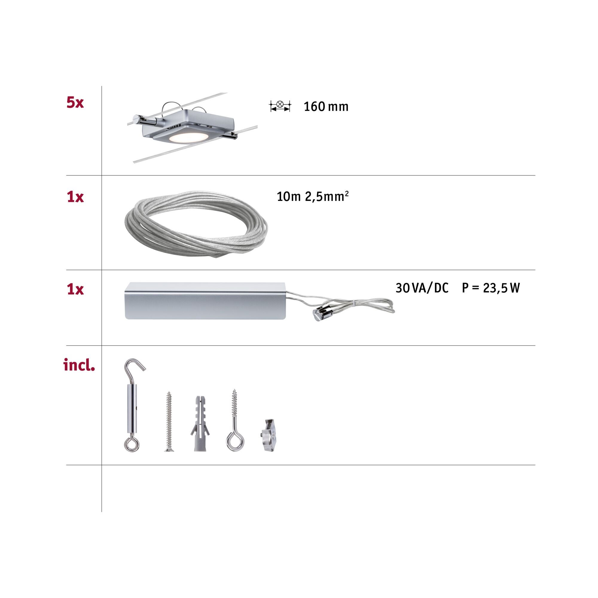 Système sur câbles LED MacLED Kit de base 5x200lm 5x4,3W 2700K 230/12V Chrome mat - 4