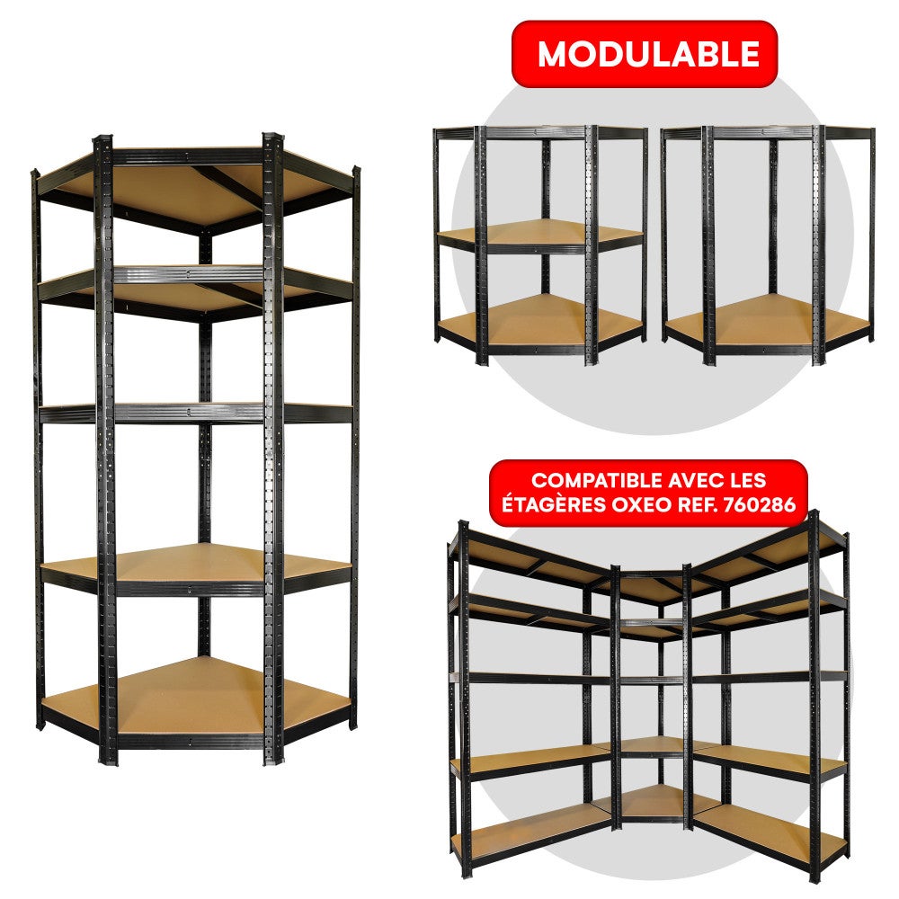 Étagère d'angle noire charges lourdes - en métal 5 plateaux - 875 Kg - 180x75x40cm - Étagère de coin - Garage atelier cave - 3