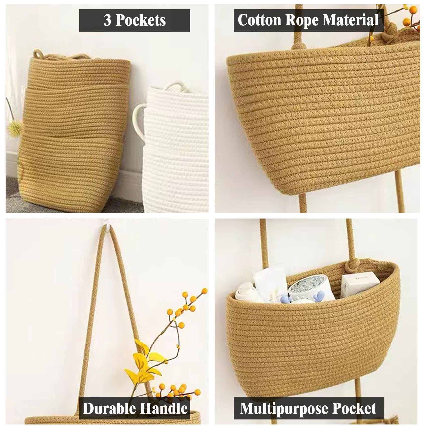 Paniers suspendus au-dessus de la porte, sac de rangement en coton tissé à 3 niveaux, paniers de cuisine décoratifs muraux pour chambre d'enfant - 6