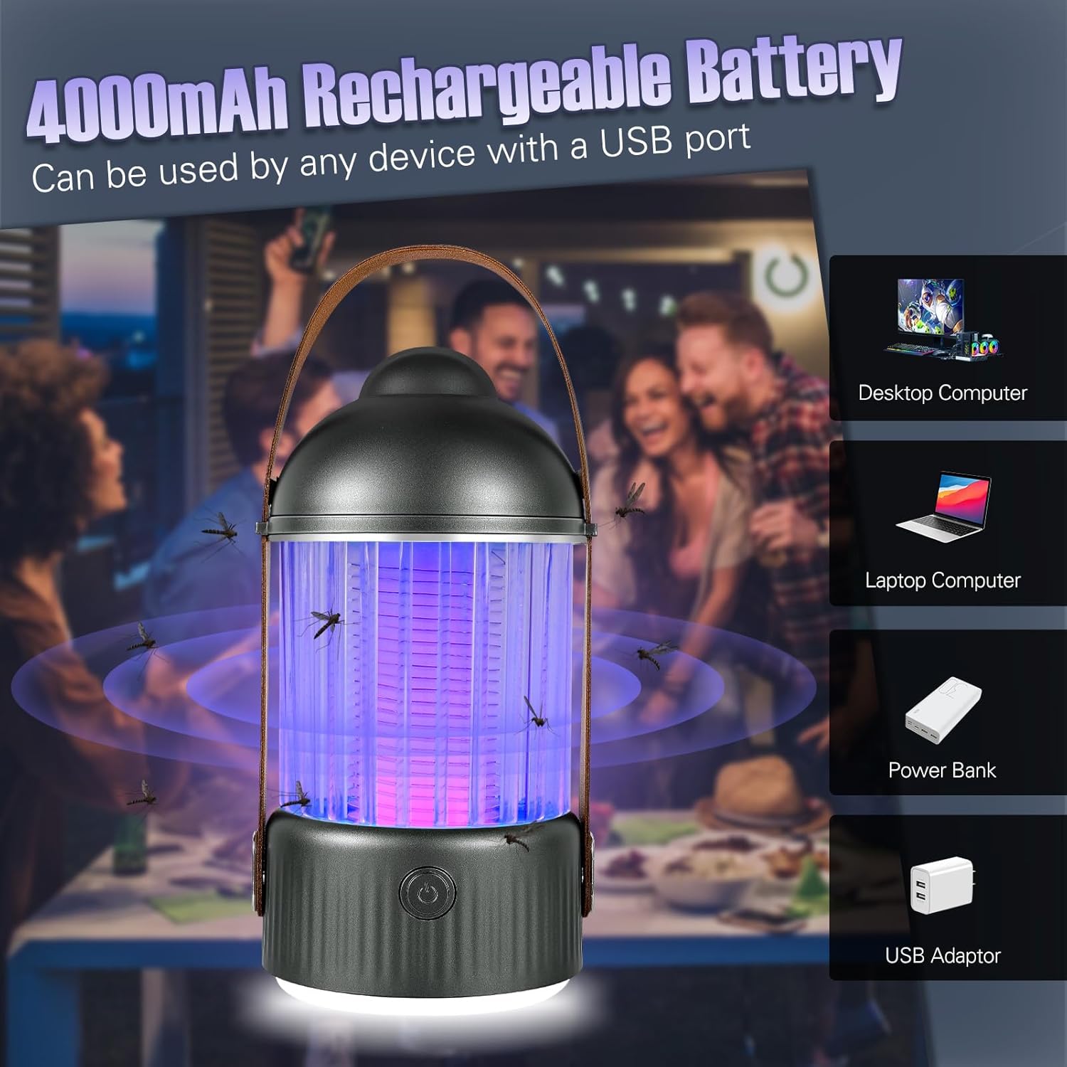 Lampe Anti Moustique, 4000mAh Piège à Mouche Rechargeable USB, UV Tue Mouche Electrique avec Veilleuse Fonction, pour Mouche, Moustiques, Insectes - 5