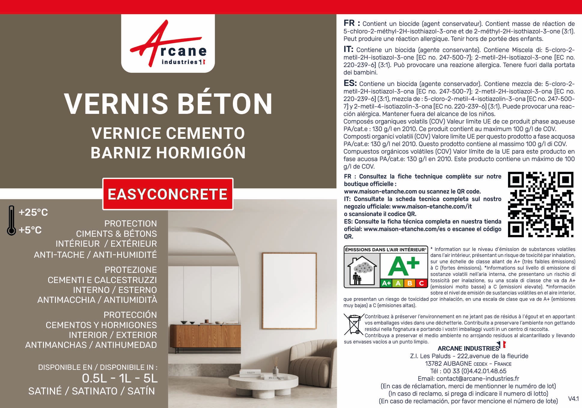 Vernis béton, extérieur ou intérieur, dalle, ciment, enduit : EASYCONCRETE - 5 L - ARCANE INDUSTRIES - 9