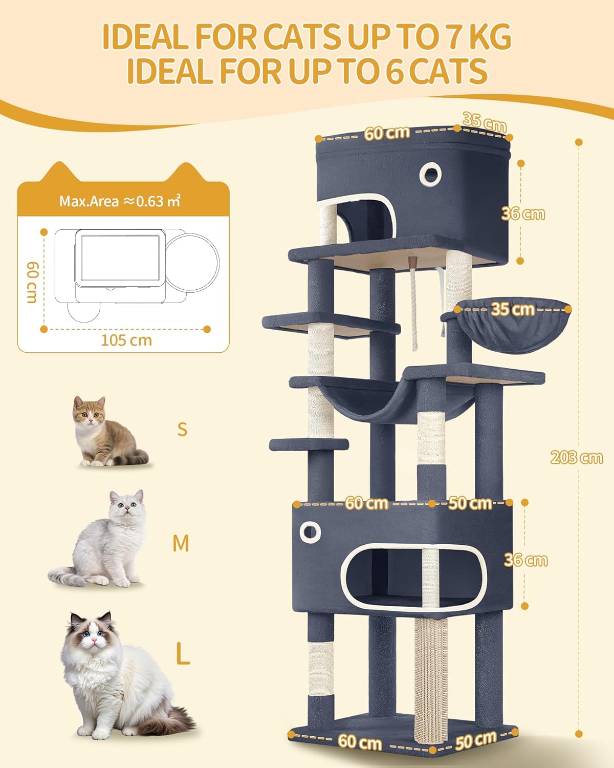 Árvore para Gatos, 203cm, Multicamadas, com Plataforma Grande, 2 Tocas, 7 Postes em Sisal, Pompons, Cesto, Rede, Cinza Escuro - 9