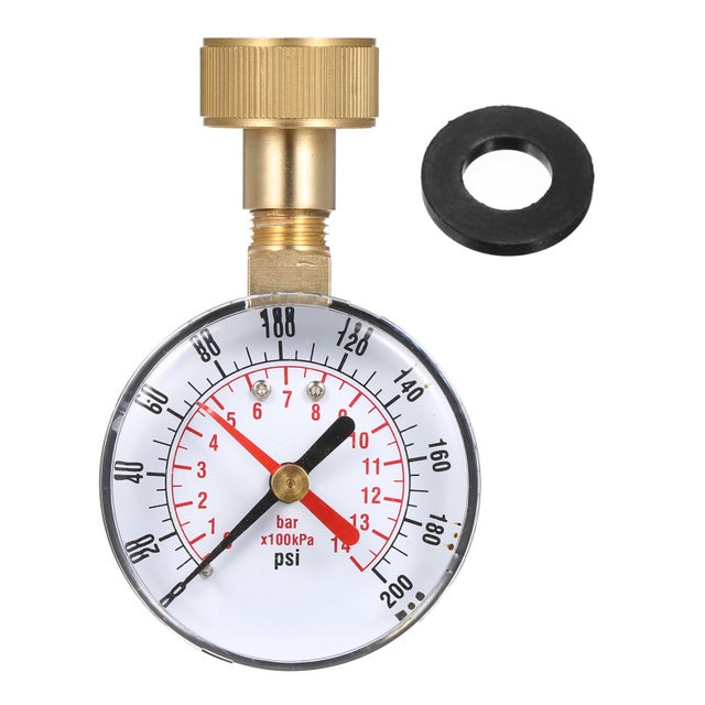 Manômetro de pressão de água de 2 1/2 polegadas com rosca fêmea de 3/4 de polegada, escala de 0 a 200 PSI, com ponteiro vermelho.