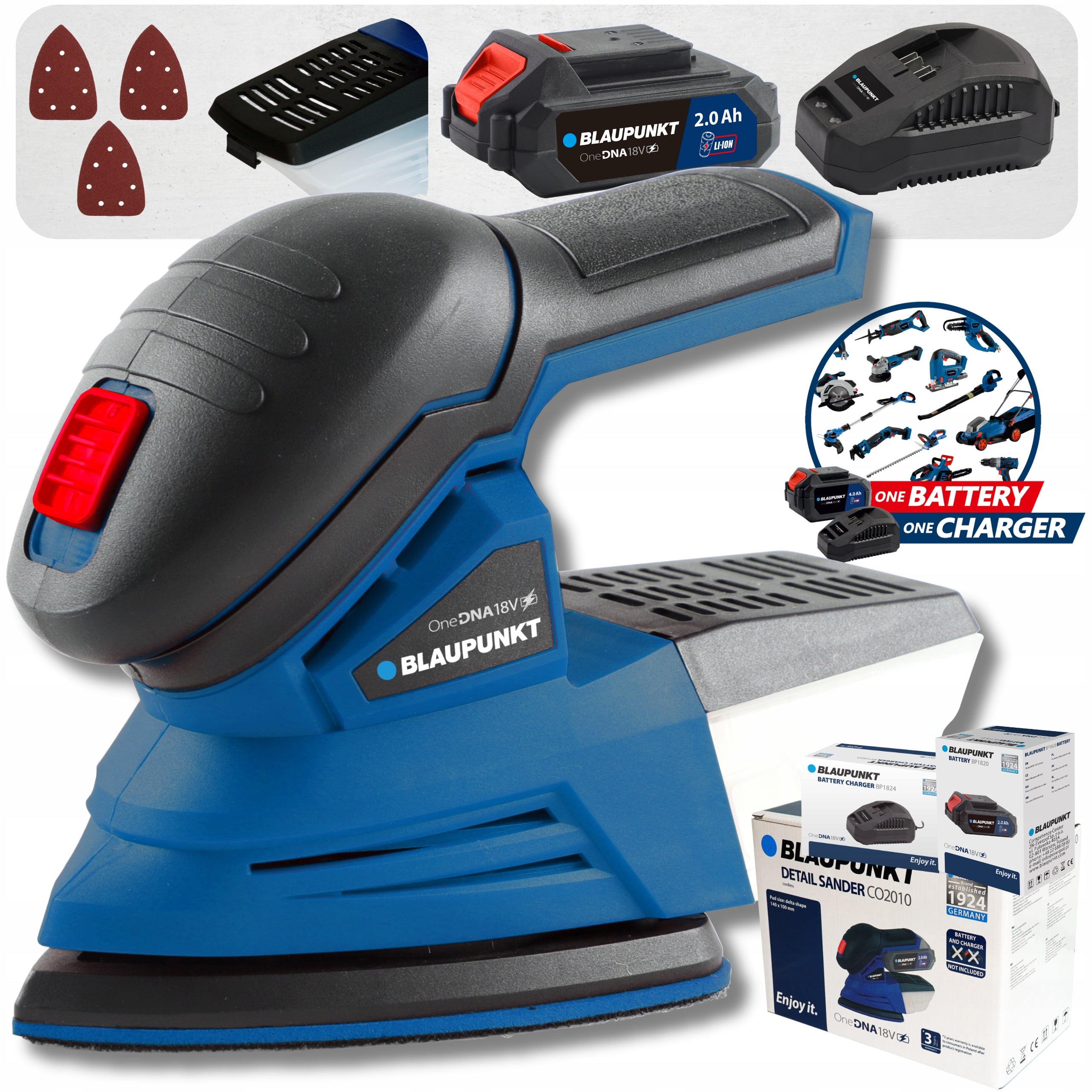 ZESTAW Szlifierka Delta 18 V Akumulator 2 Ah Ładowarka Blaupunkt CO2010