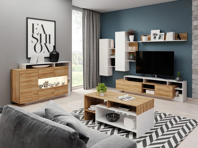 Aparador Fivfivi 102, Blanco, Roble nieto, 94x155cm, Número de puertas: 3.0044cm, Aglomerado laminado, Vidrio - 4