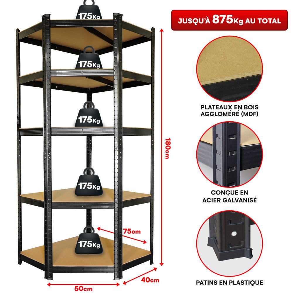 Étagère d'angle noire charges lourdes - en métal 5 plateaux - 875 Kg - 180x75x40cm - Étagère de coin - Garage atelier cave - 2
