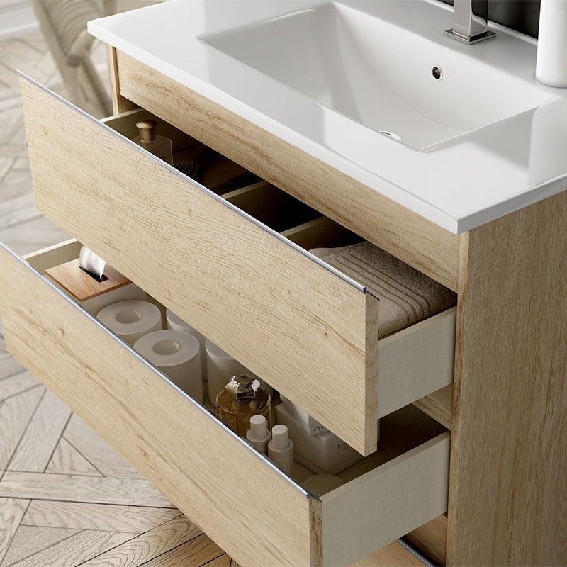 Meuble de salle de bain simple vasque - 2 tiroirs - BALEA et miroir Led VELDI - bambou (chêne clair) - 100cm - 3
