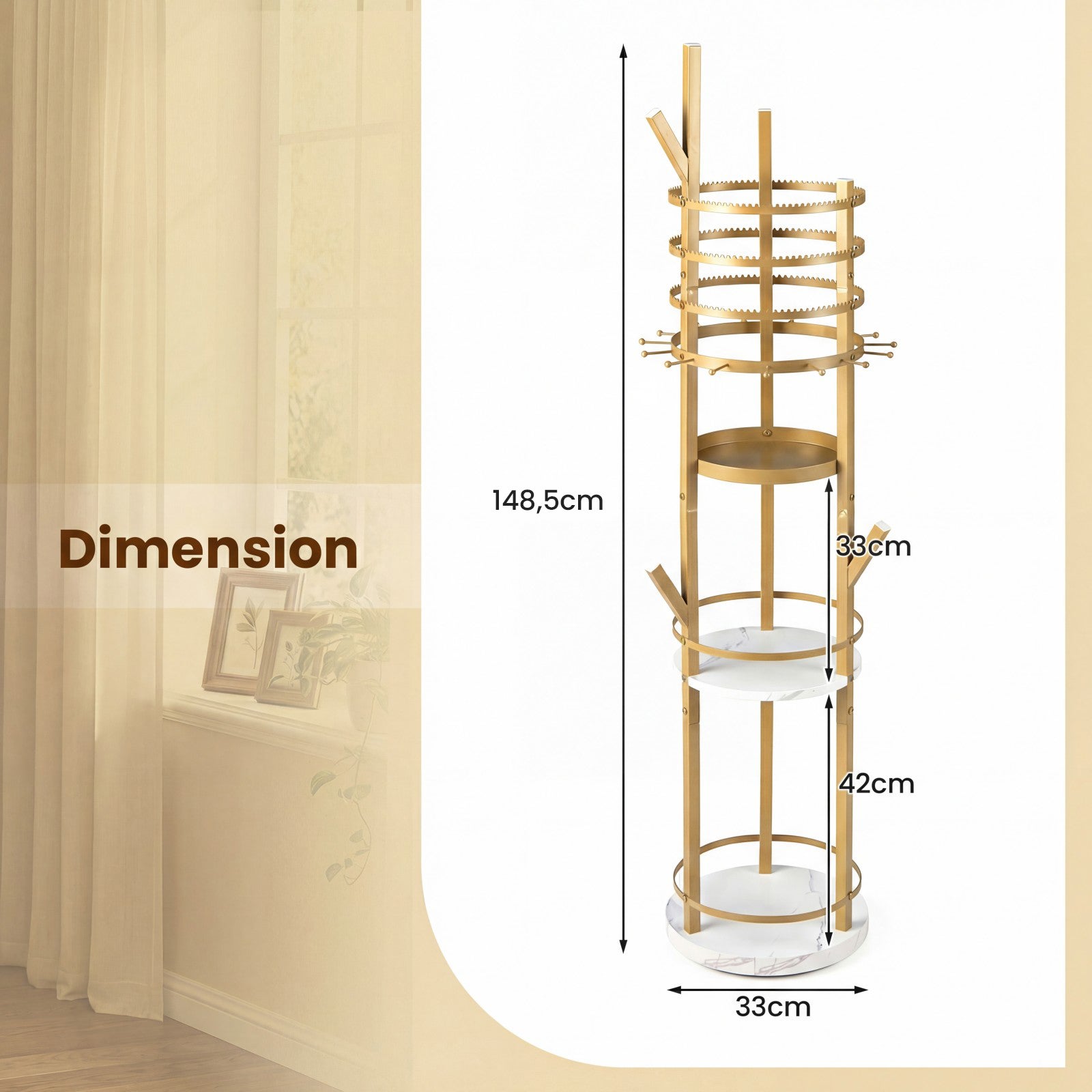 Support Organiseur pour Bijoux, Arbre à Bijoux Pivotant à 360° avec Crochets pour Boucles d'Oreilles et Colliers, 3 Étagères de Rangement, Blanc - 6