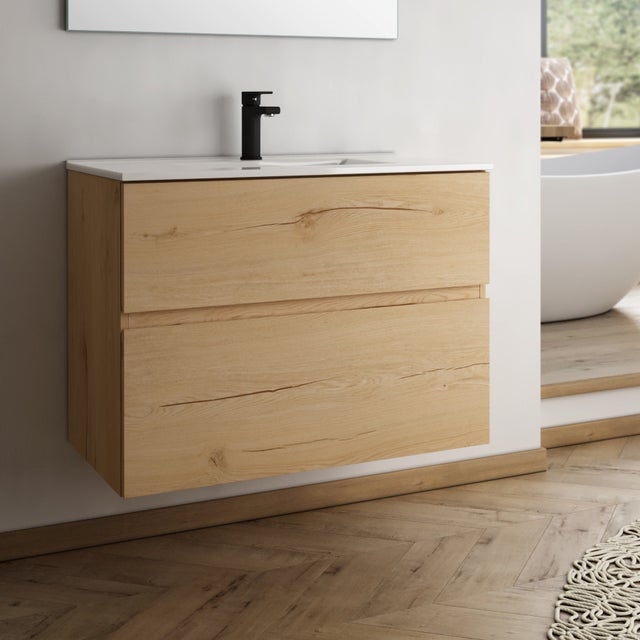 Meuble de salle de bain 80cm simple vasque - 2 tiroirs - sans miroir - MIG - roble (chêne clair)