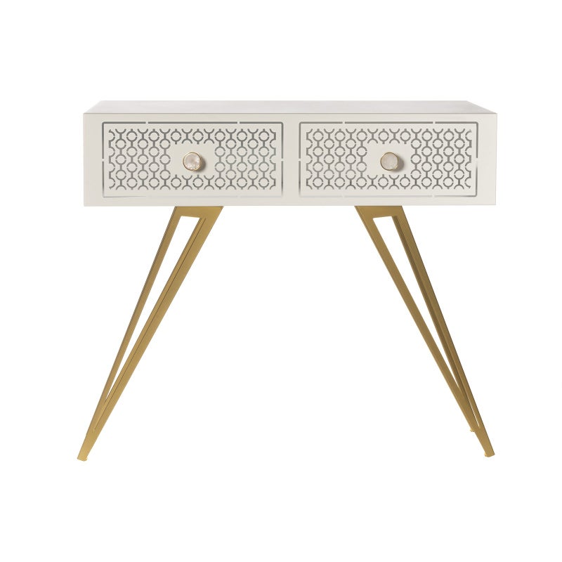 Konsola Mayfair 100x35x80 cm z żelaza, styl Hollywood Regency, złote nogi, szuflady w kolorze karmelowym, elegancki design, made in Italy