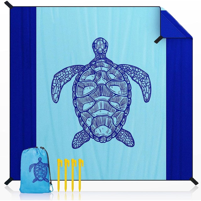 Wodoodporny koc piknikowy Turtle Collection 210 x 200 cm, mata plażowa na kemping z 4 szpilkami, przenośna ochrona przed piaskiem na kemping i wędrówk