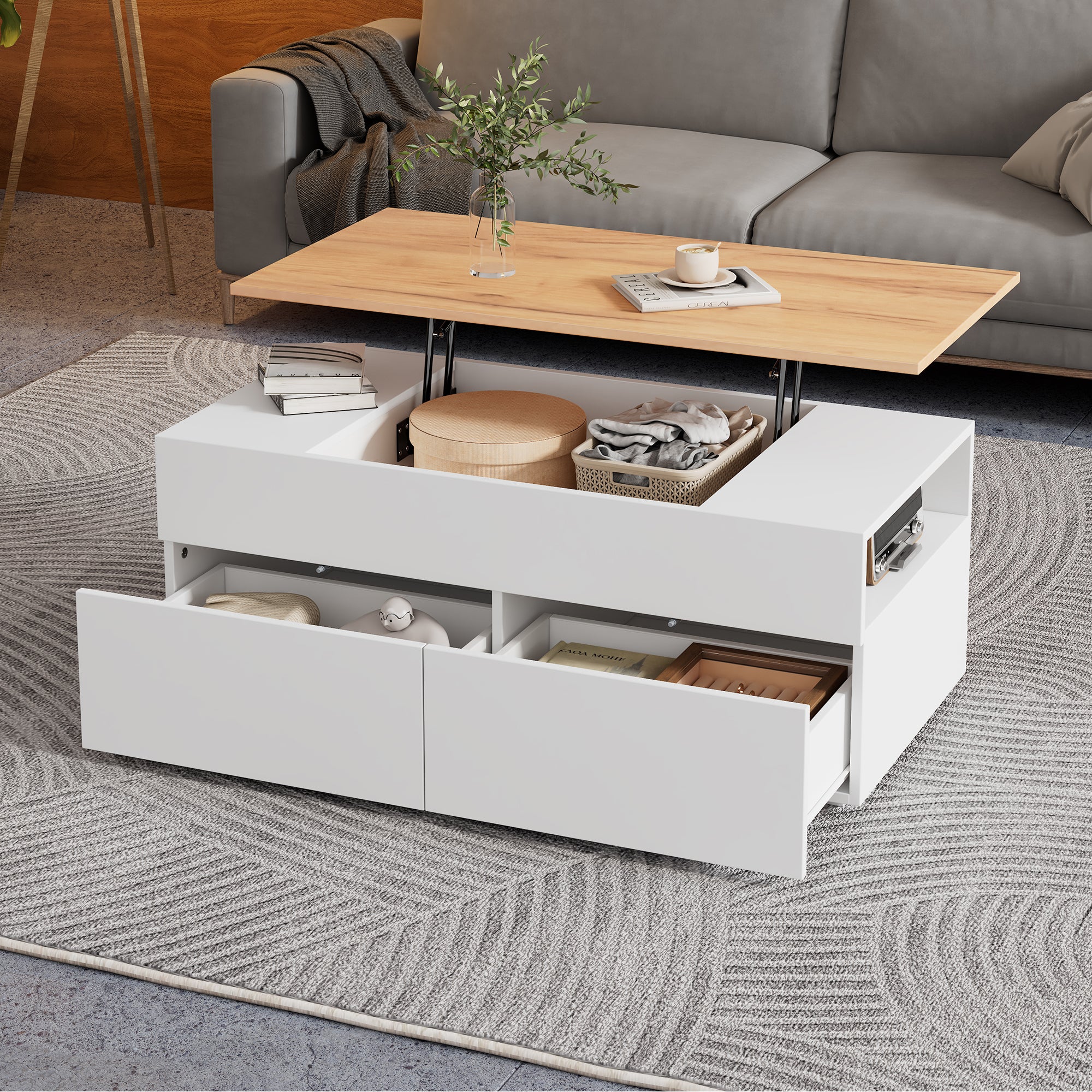 Table basse avec plateau relevable et 2 tiroirs - 100 x 50 x 40 cm - Panneau de particules - Blanc + bois - 3
