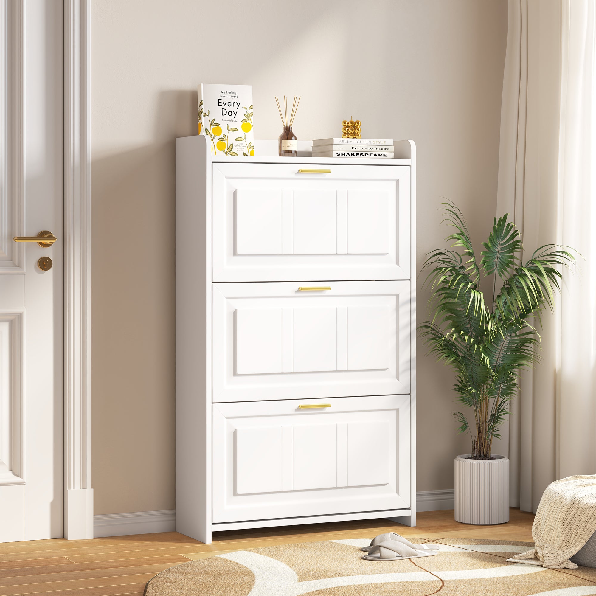 Meuble à chaussures avec 3 portes rabattables - 70 x 24 x 120 cm - MDF et panneaux de particules - Blanc - 6