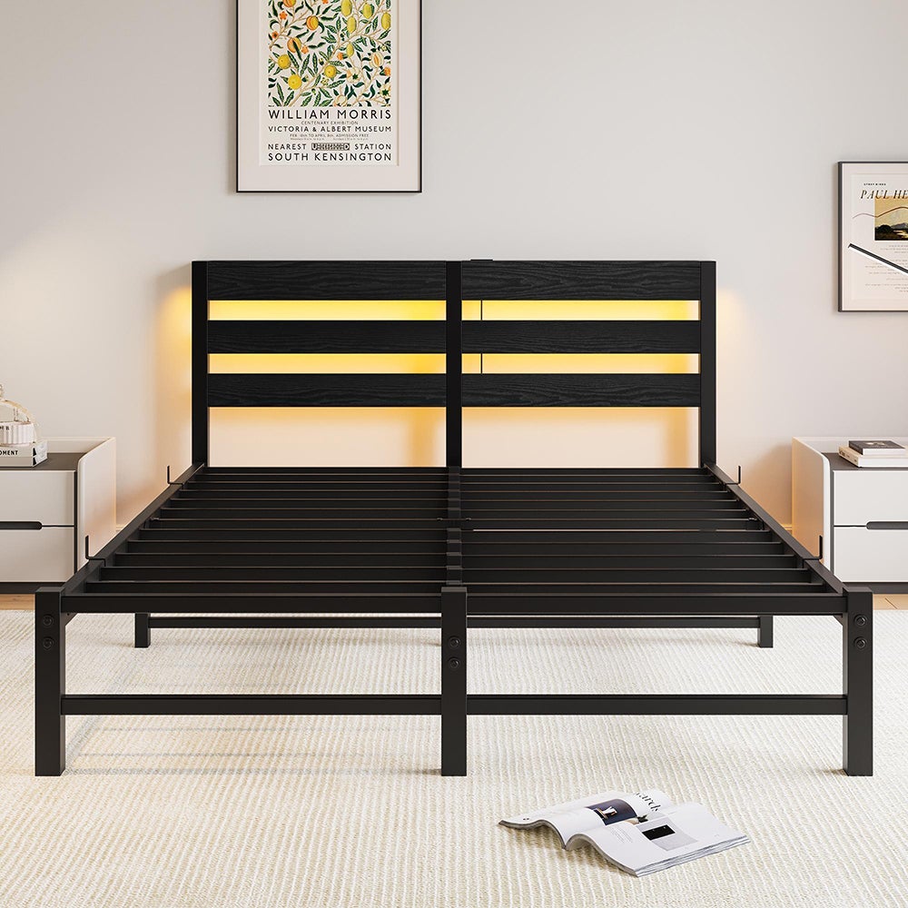 Łóżko dla dorosłych z oświetleniem LED i stacją ładującą USB, metalowa konstrukcja, materac nie wchodzi w skład zestawu, kolor czarny – 140 x 190 cm - 3