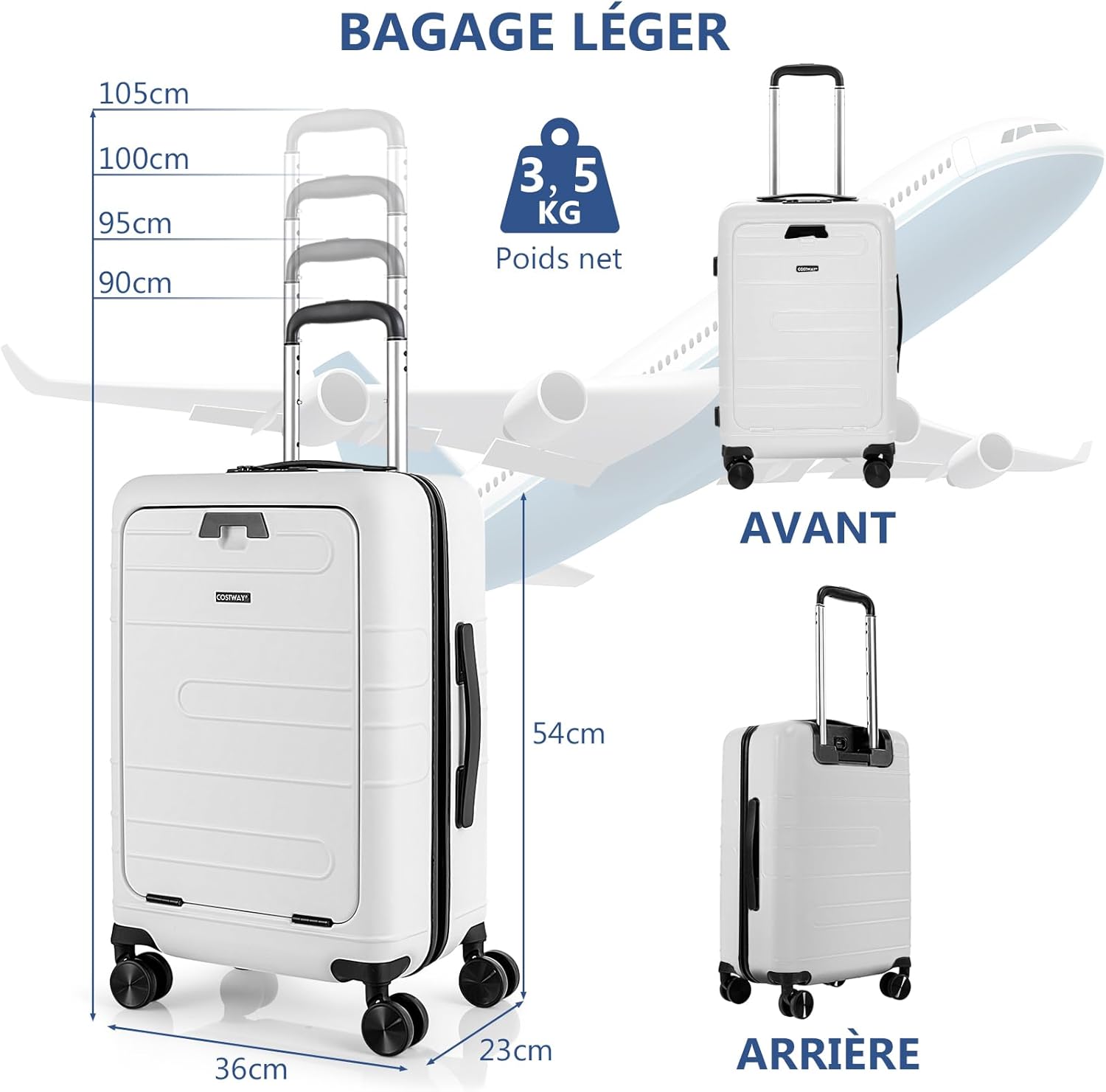 Bagaż Podręczny 37 x 25,5 x 56 cm, Lekka Walizka z 4 Obrotowymi Kółkami, Przednią Kieszenią na Laptopa, Portem USB i Type-C (Biała) - 9
