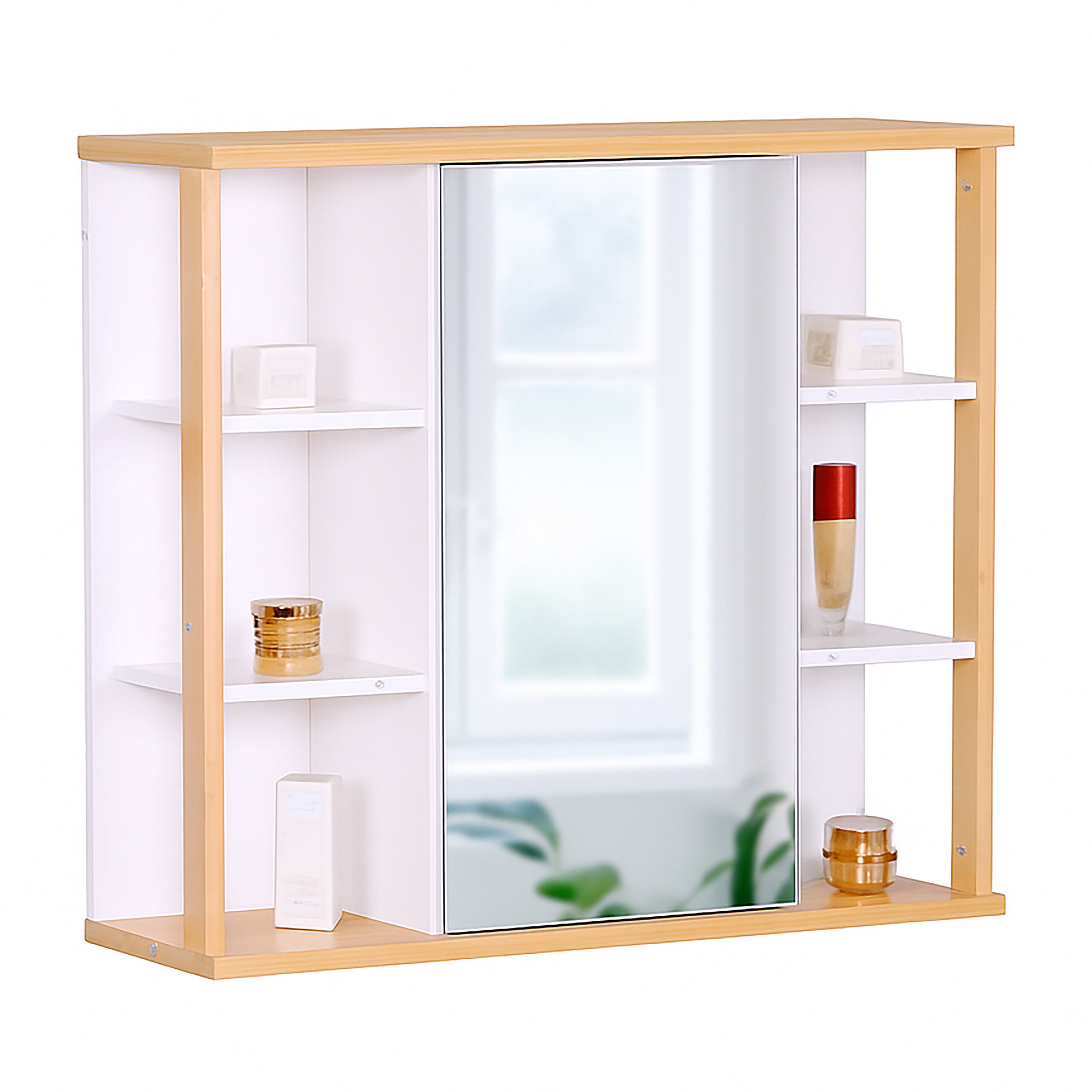 Relaxdays Mueble Baño Con Espejo Y Bambú | Colgante 2 Puertas A Presión | 45x54,5x20 Cm | Natural