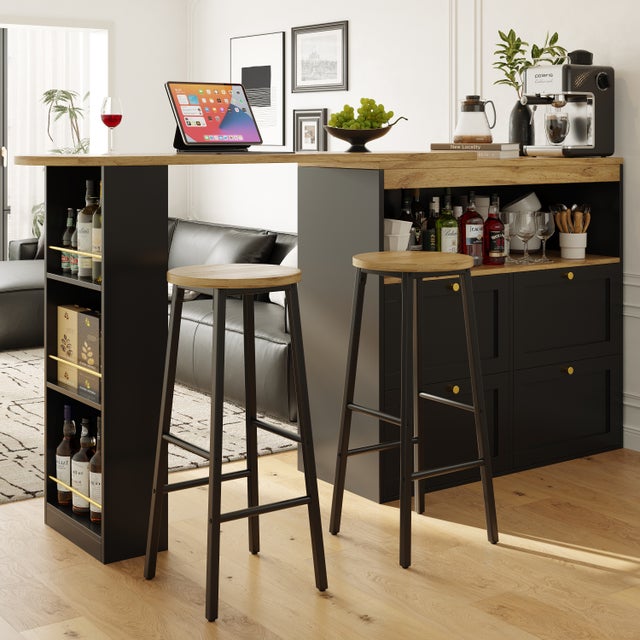 Lot de 2 Tabouret de bar avec repose-pieds et pieds réglables - MDF/métal - 30 x 30 x 70 cm - Noir + bois naturel