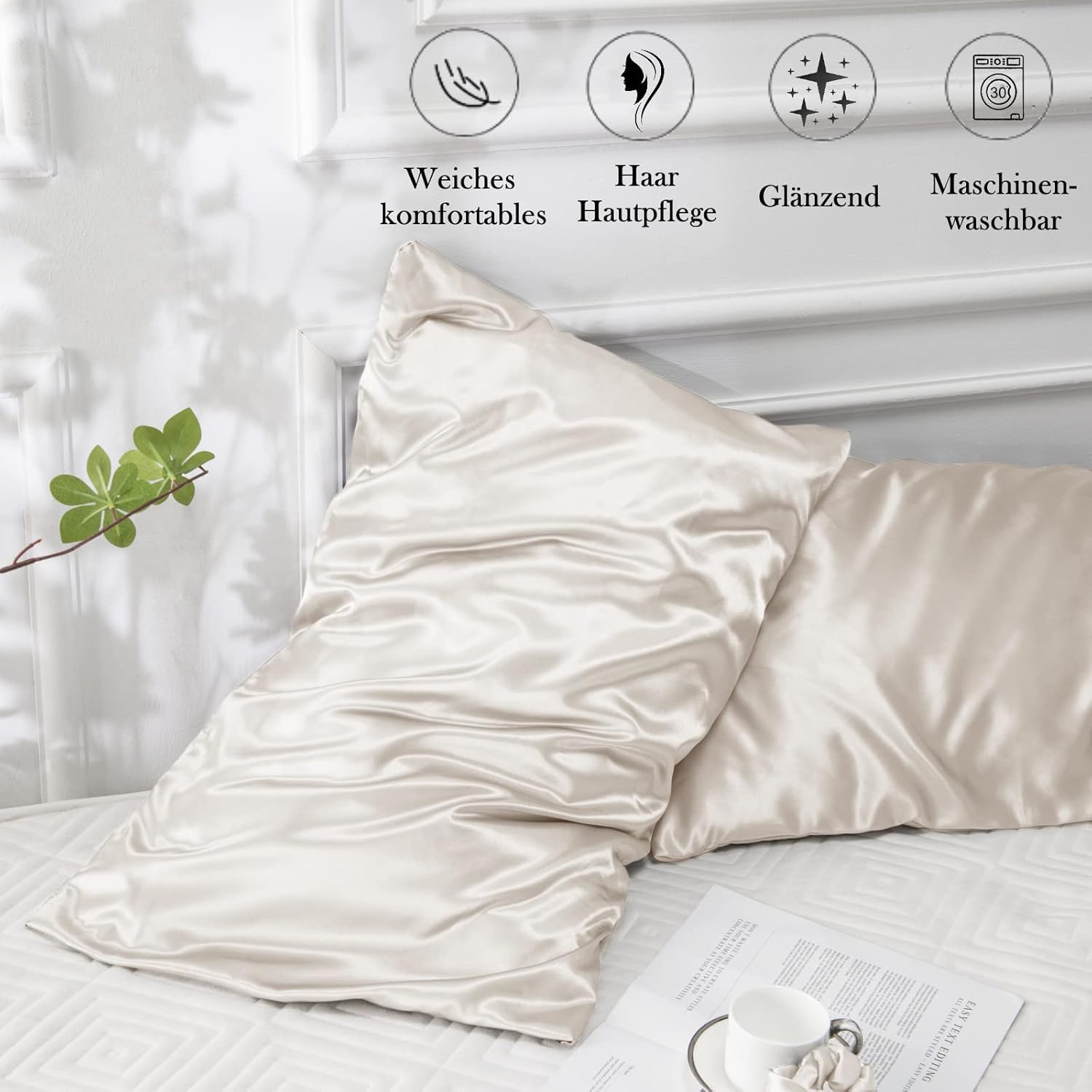 Lot de 2 taies d'oreiller en satin 50 x 70 cm, pour les cheveux, similaires aux taies d'oreiller en soie, 50 x 70 cm, certifiées Oeko-Tex, beige, et 2 - 5