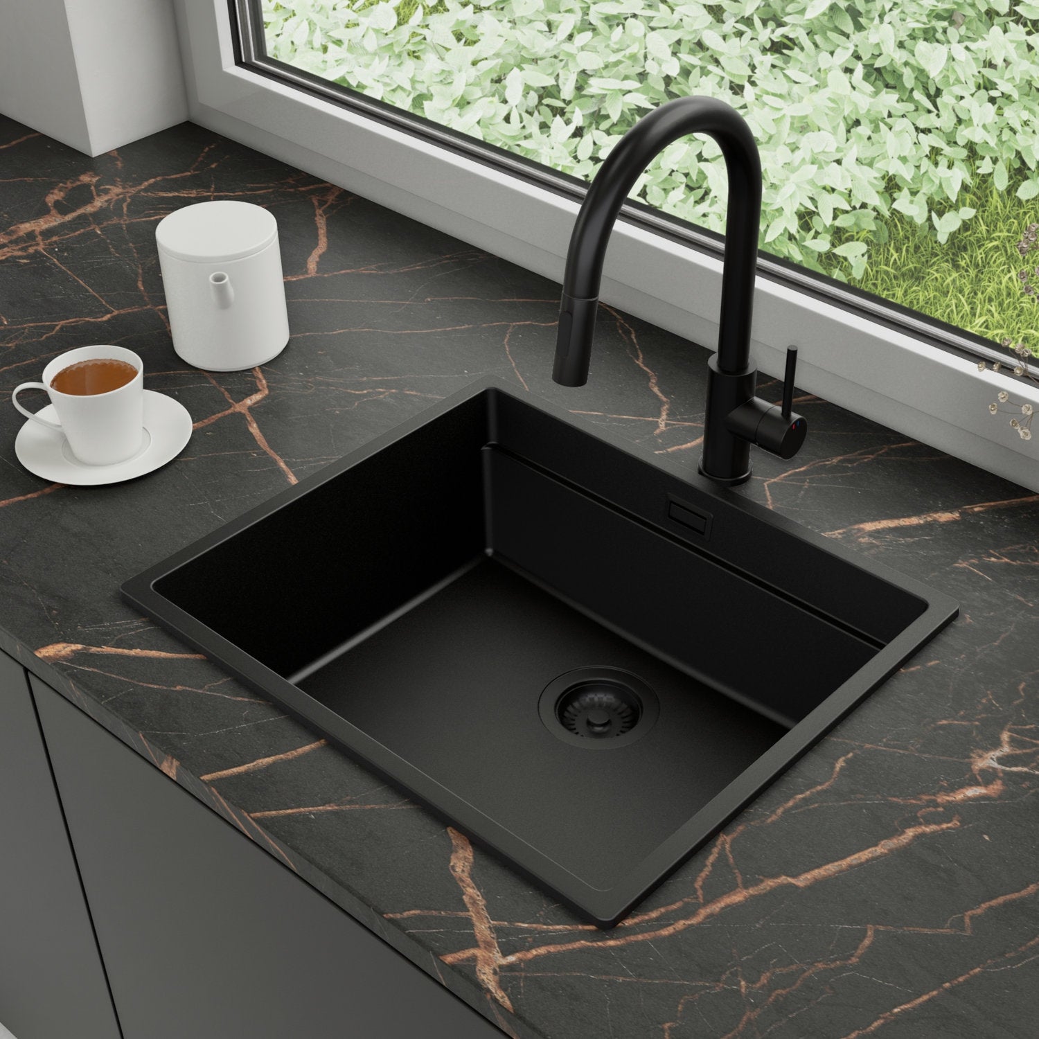 Zlewozmywak Granitowy 56x47cm, do szafki od 60cm + Bateria + Syfon - Coral Cały Czarny STONESTYLE