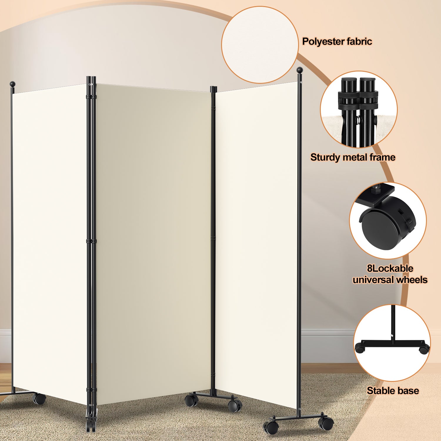 Paravent Séparation Pliable avec roulettes, Cadre en Métal, Moderne Idéal pour Salon, Bureau, Balcon 3 Panneaux Beige 263x181 cm - 4