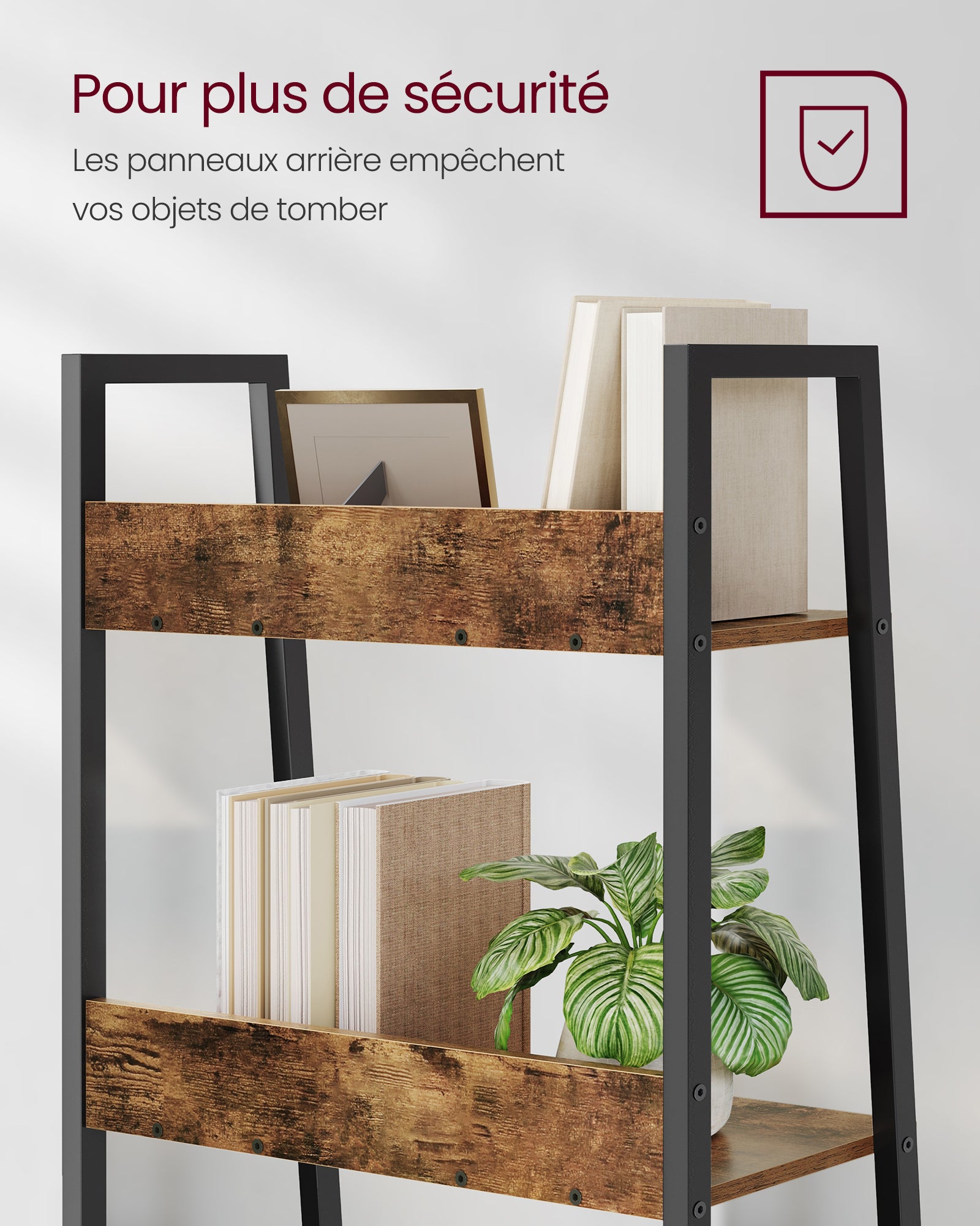 Étagère Échelle, Bibliothèque à 5 Niveaux, Meuble de Rangement sur Pieds, Facile à Assembler, Style Industriel, Marron Rustique et Noir - 3