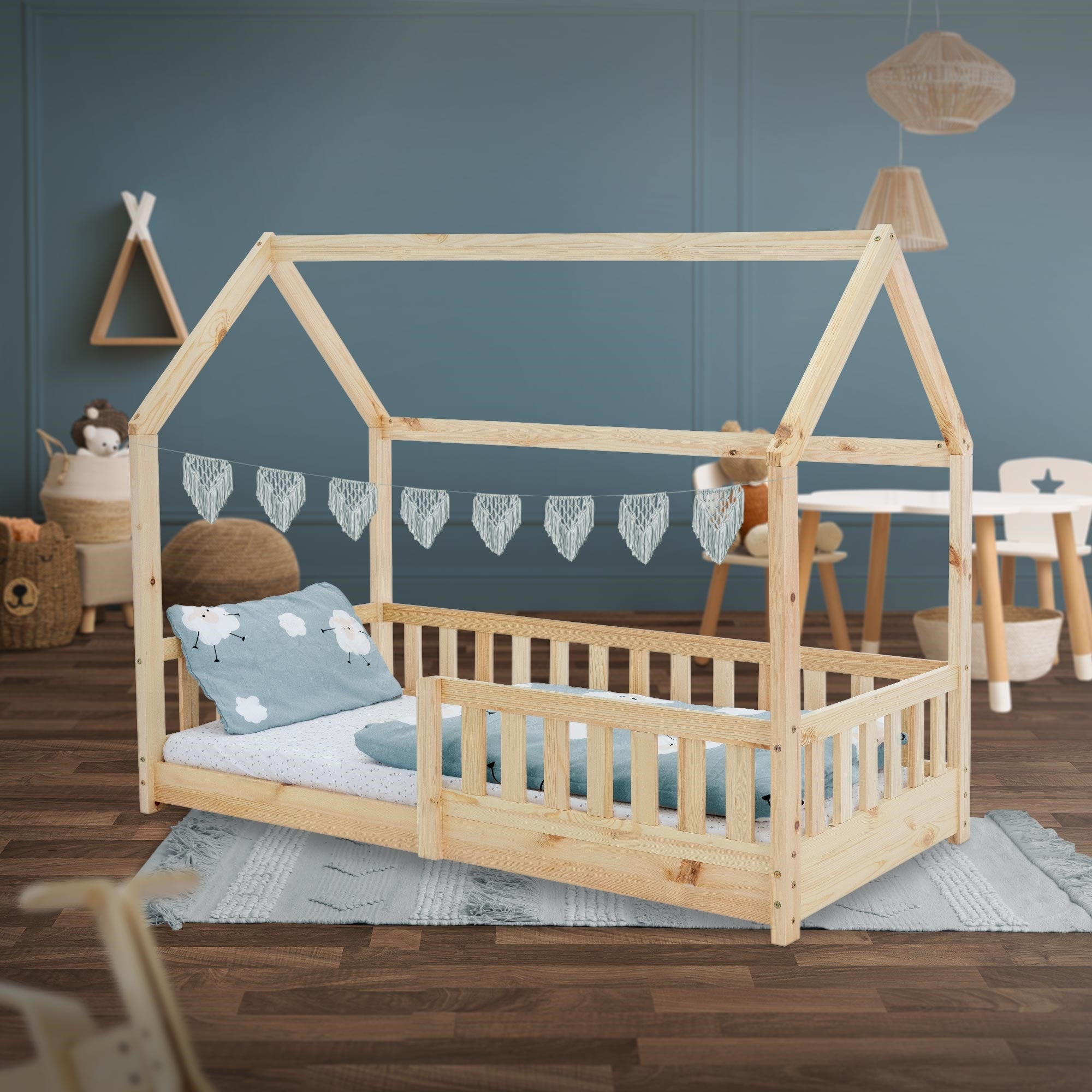 ML-Design Lettino per bambini a forma di casa 80x160 cm con tetto e rete a doghe, protezione anticaduta, legno di pino naturale, letto cameretta bimbi - 6