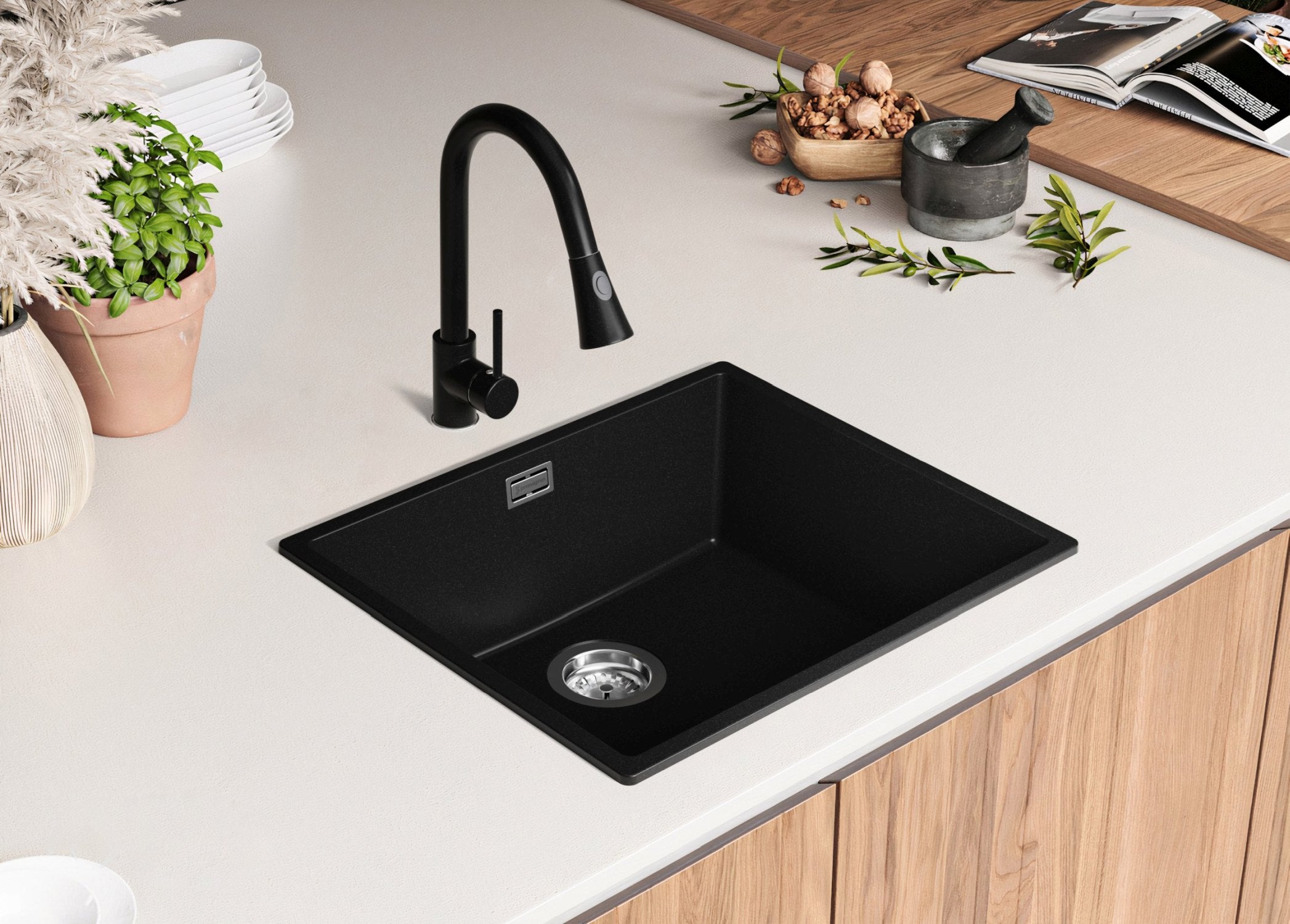 Lavello da Cucina Nero 56x47cm, Lavandino in Granito a 1 vasca + Sifone Classico, Lavabo da Cucina Incasso al mobile 60cm - London Slim PRIMAGRAN - 7