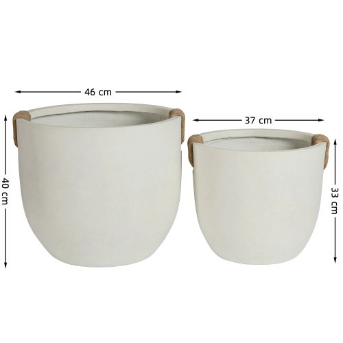 Lot de 2 Pots de Fleurs Ronds Aspect Béton - Jardinières Intérieur Extérieur avec Drainage - Blanc Cassé - Ø37 et Ø46 cm - 3