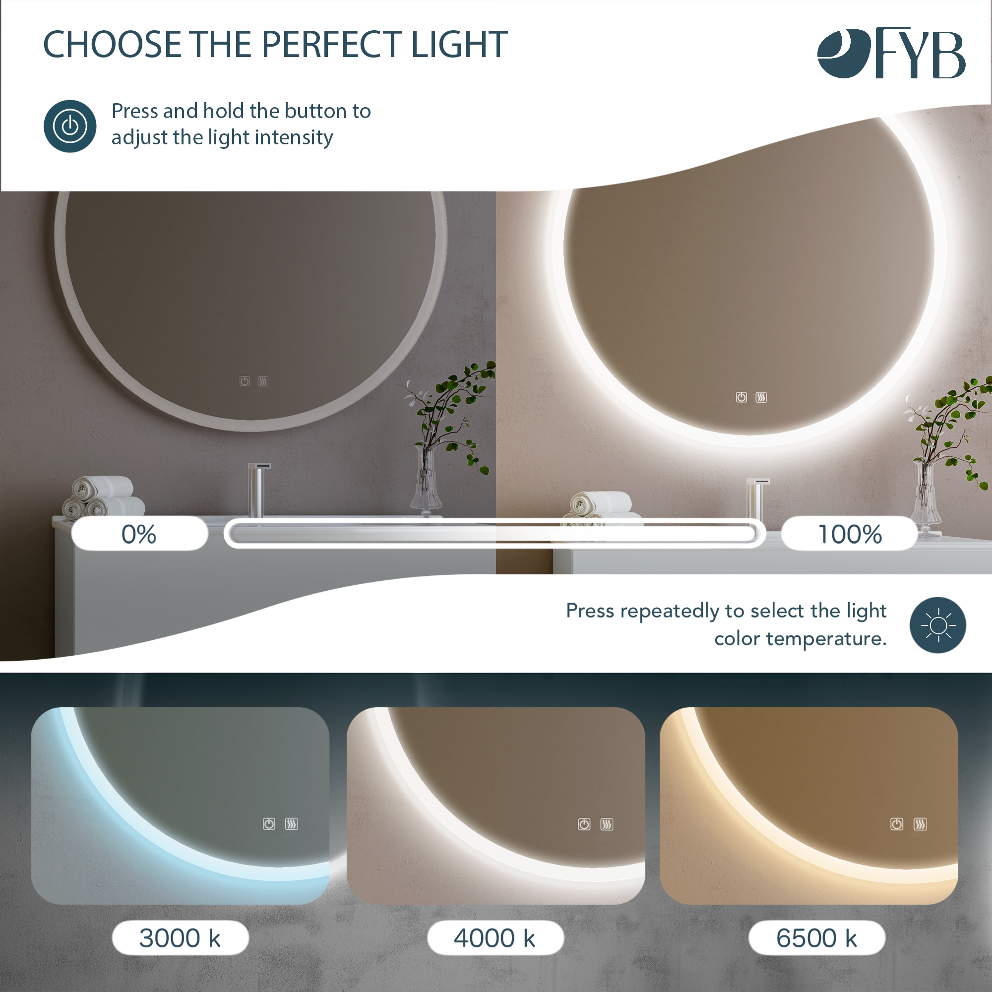 Feel Your Bath Miroir Rond LED 80 cm avec Bluetooth, Lumière Tricolore, Antibuée, Interrupteur Tactile, Arrêt Automatique et Installation Facile - 3