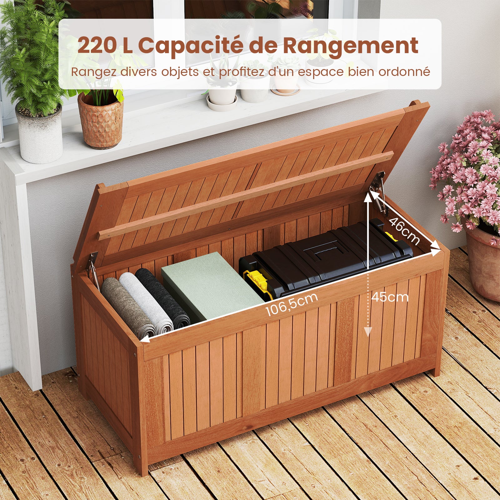 Coffre de Jardin Extérieur en Bois Dur 220L, avec Couvercle Rabattable, Organisateur pour Rangement des Outils pour Patio, Cour, Charge 150 KG - 6