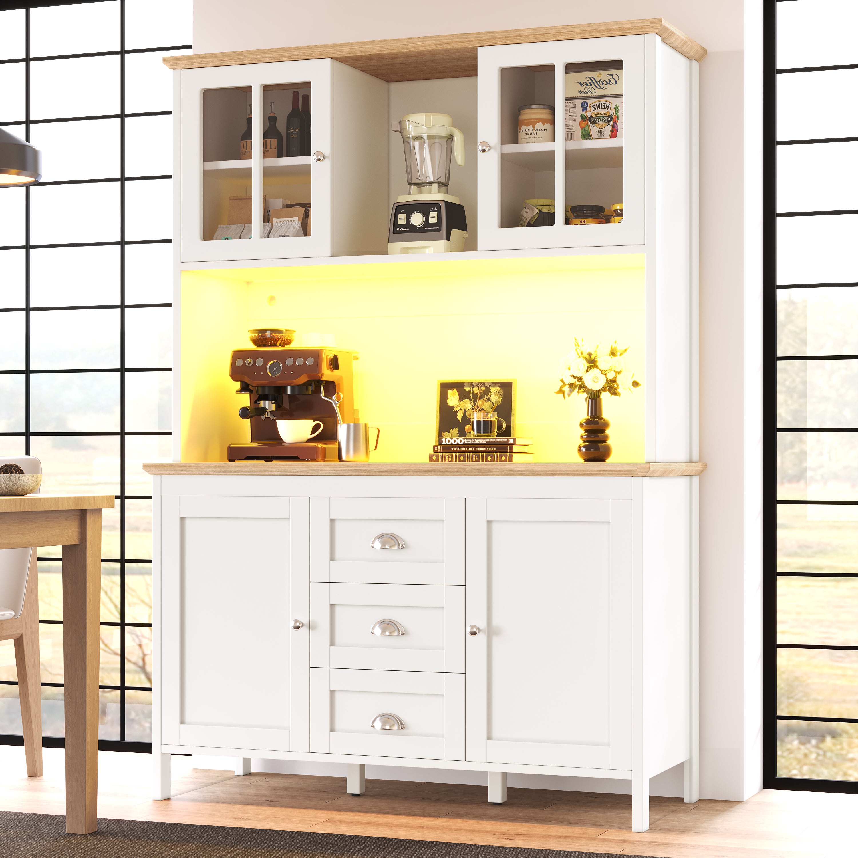 Wysoka komoda kuchenna z 4 drzwiami i 3 szufladami - 120 x 40 x 179 cm - Płyta MDF i metalowe uchwyty - Diody LED - Kolor biały