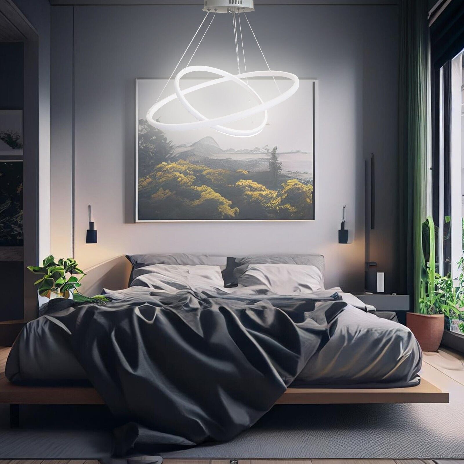 Maka Lampadario design LED a sospensione Moderno risparmio energia potente regolabile adattabile in ogni ambiente 6540lm 60x40x100 2 cerchi 60W 6500K - 2