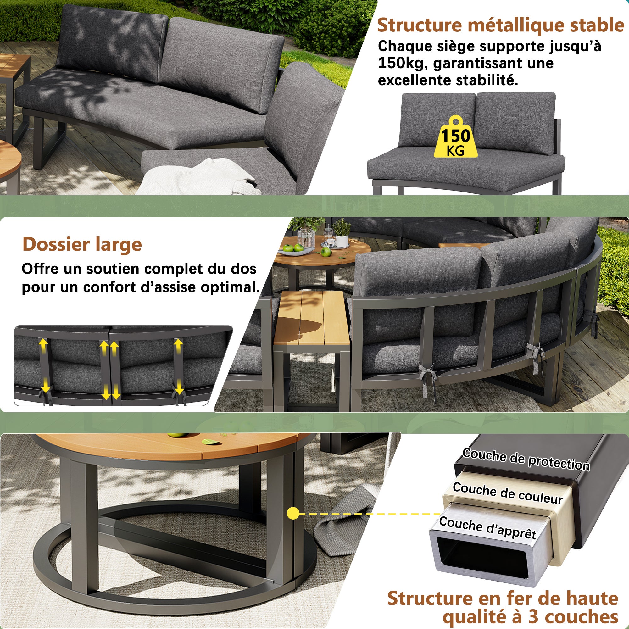 Salon de Jardin Exterieur pour 8 à 12 Personnes, Ensemble de chaises longues de jardin avec coussins et oreillers, Canapé Rond Gris - 3