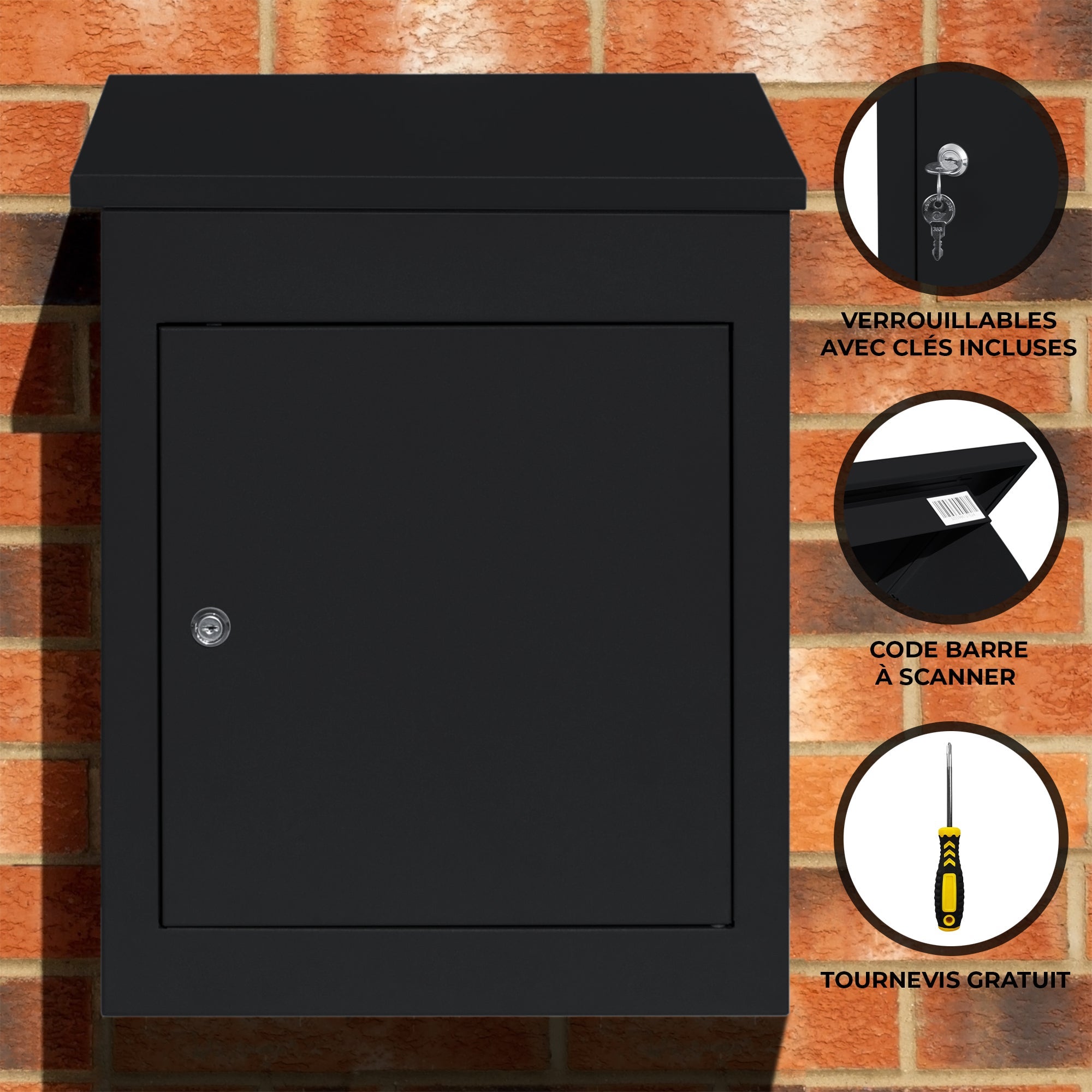 Boîte à Colis & Lettres Anti-Vol Murale en Acier Noir Murale Colissimo Grande Boîte jusqu'à 35 x 19 x 15 cm - 100 % - 2